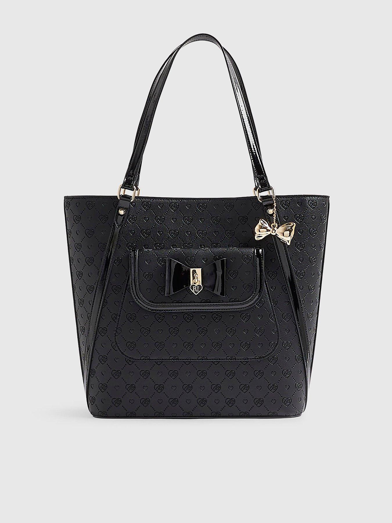 Image 1 of 5 of River Island Girls Padlock Bow Monogram Shopper Bag - Black