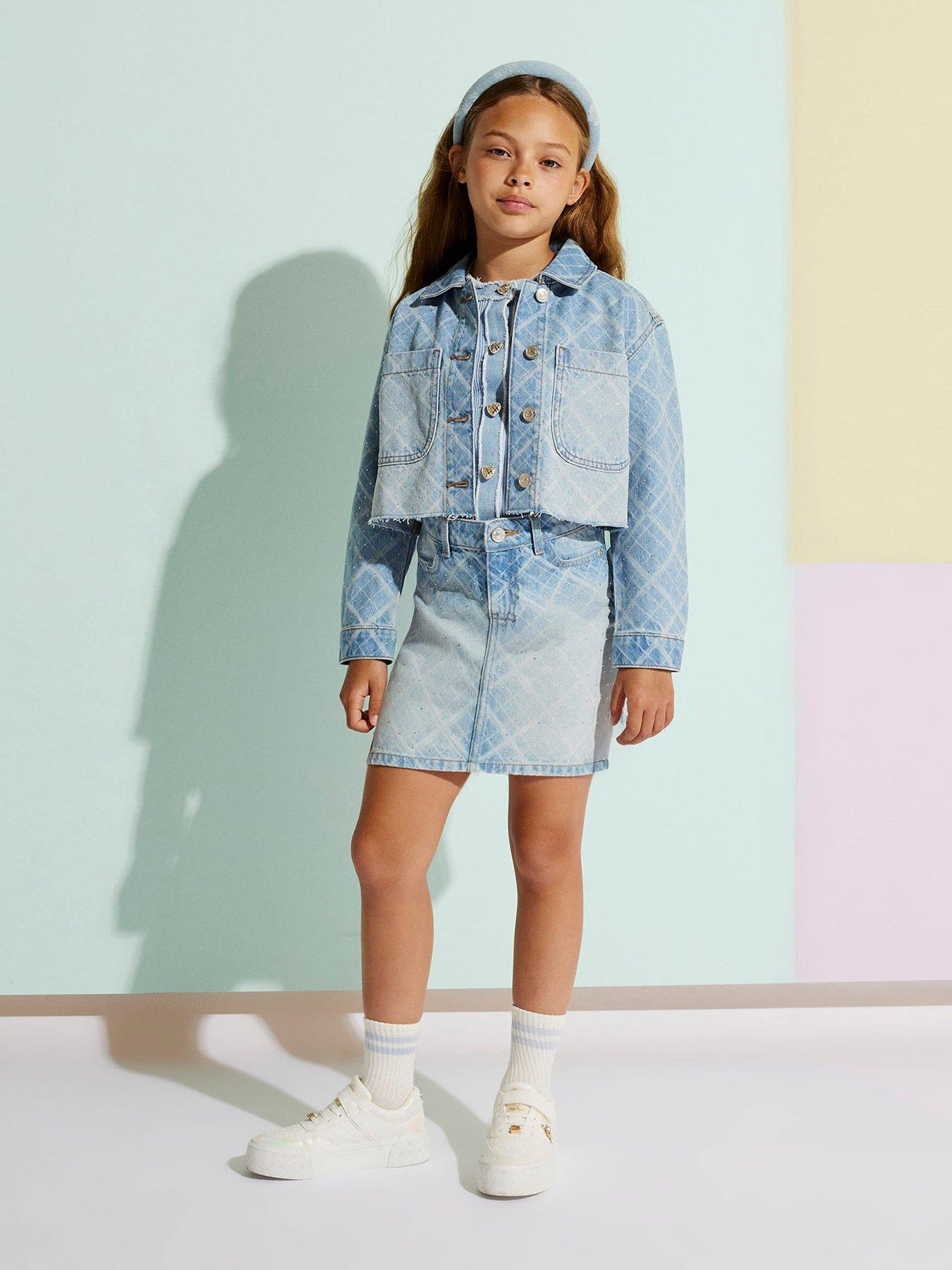 Image 1 of 1 of River Island Girls Blue Embellished Check Denim Jacket - Blue