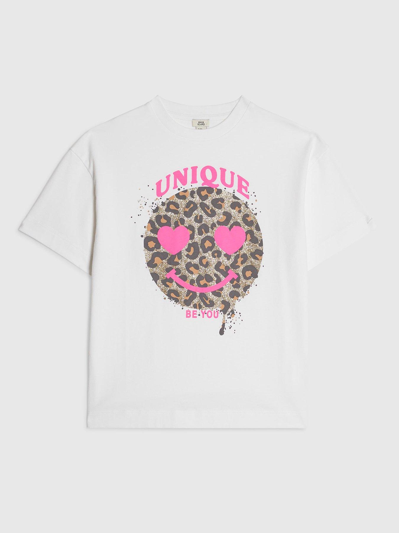 River Island Older Girls Leopard Smile Graphic Print T-Shirt - White