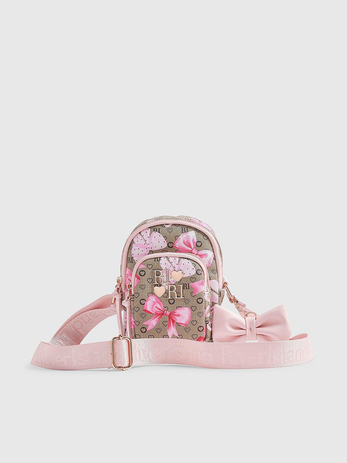 Image 1 of 4 of River Island Girls Bow Monogram Cross Body Bag - Brown