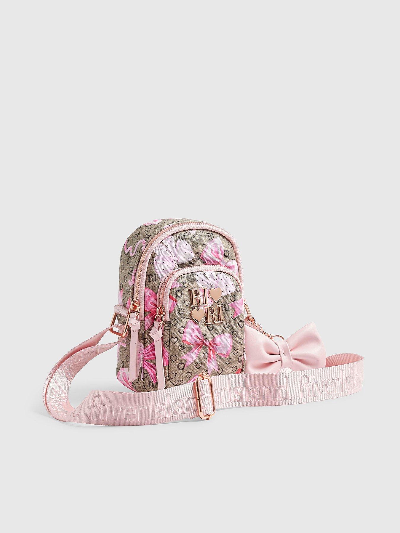 Image 2 of 4 of River Island Girls Bow Monogram Cross Body Bag - Brown