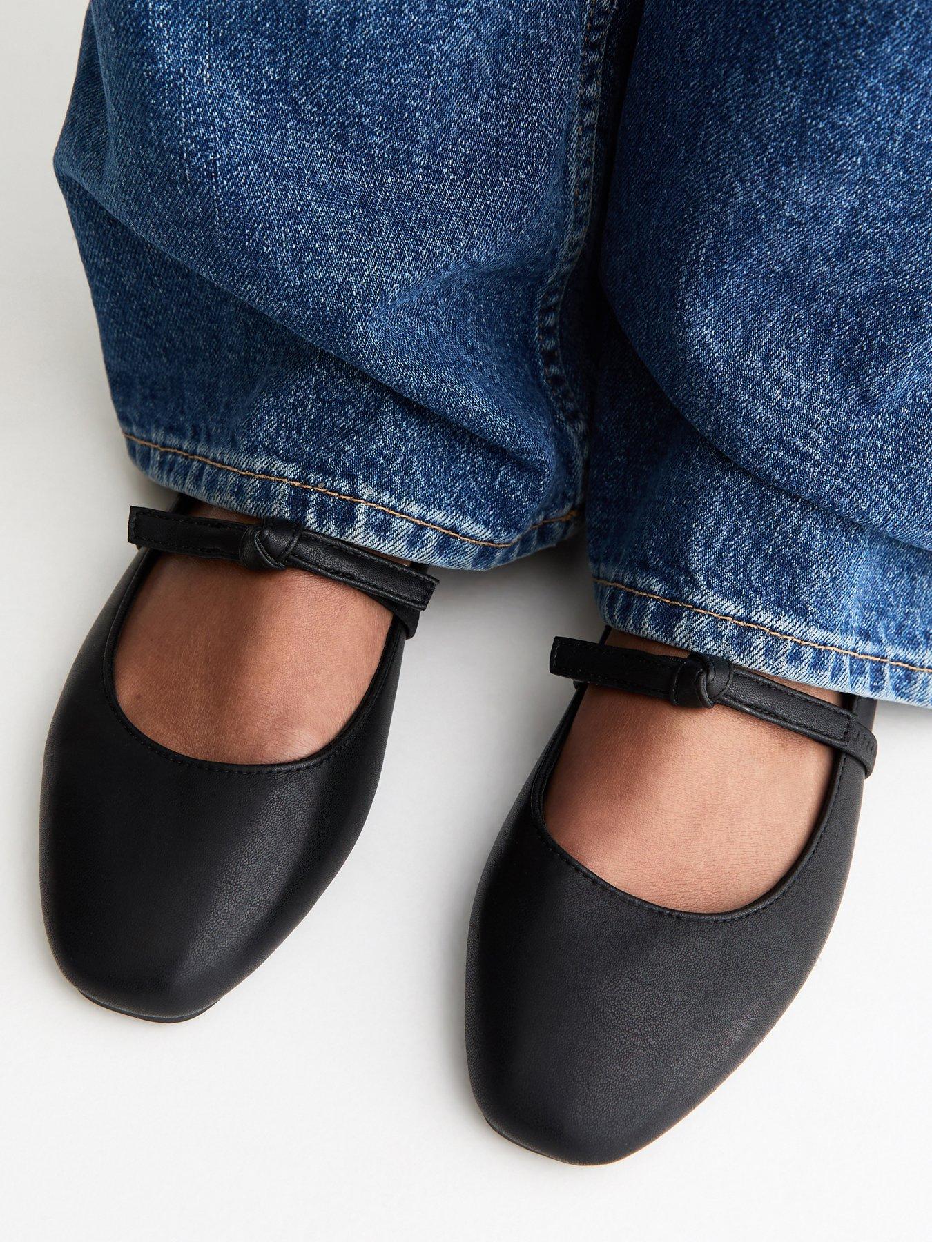 New Look Wide Fit Black Faux Leather Bow Strap Mary Jane Flats