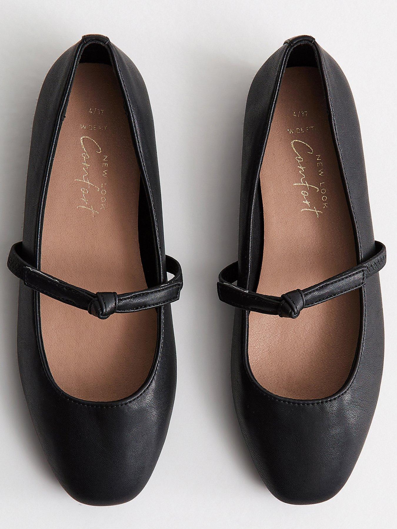 New Look Wide Fit Faux Leather Bow Strap Mary Jane Flats - Black | Very