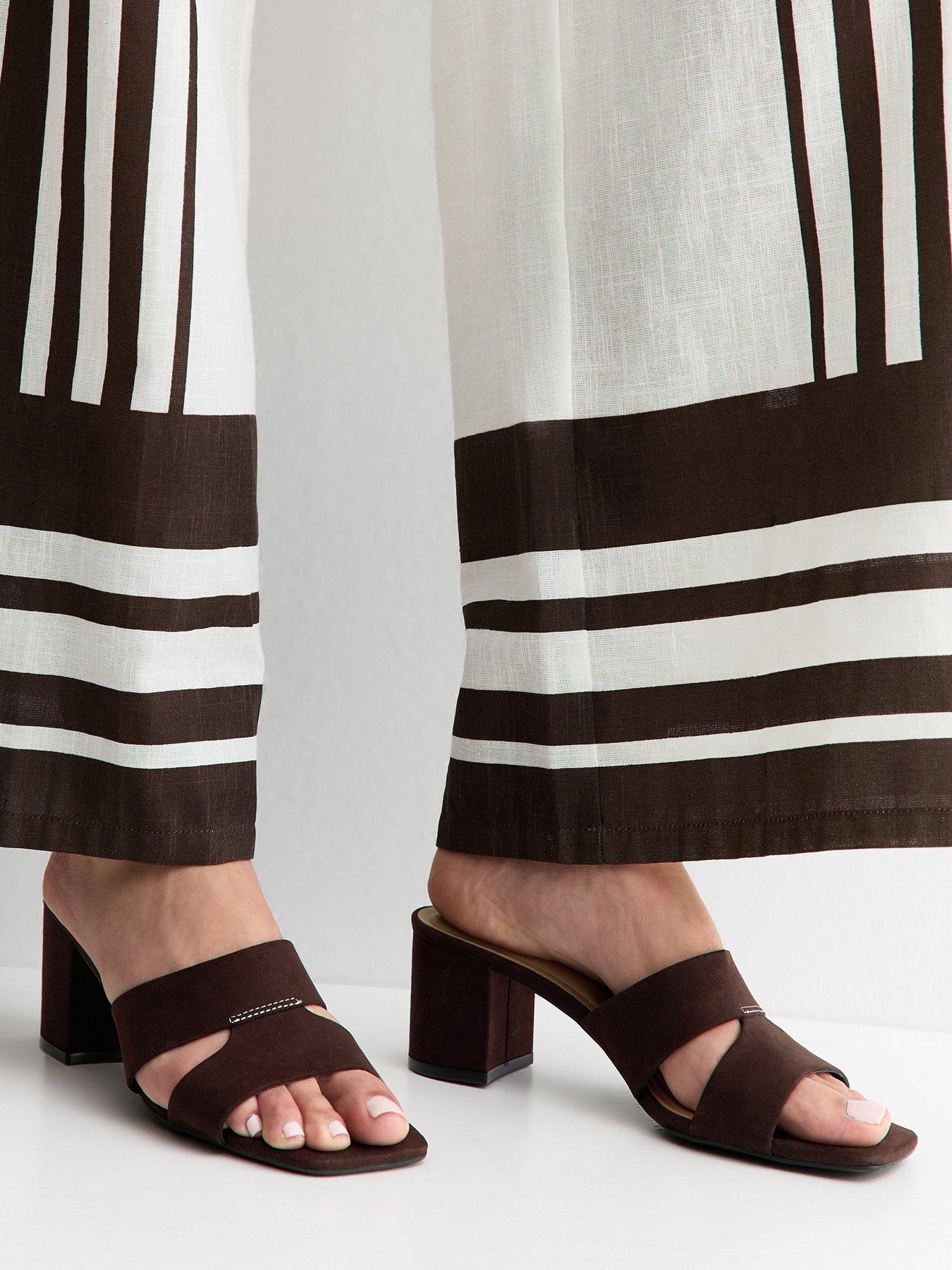 Image 1 of 5 of New Look Faux Suede Cut Out Strap Block Heel Mules - Dark Brown