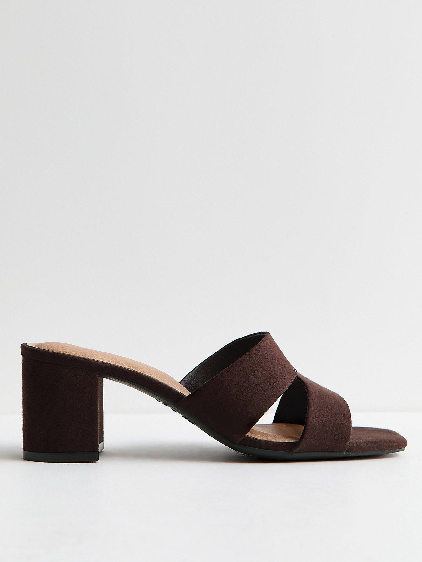 Image 2 of 5 of New Look Faux Suede Cut Out Strap Block Heel Mules - Dark Brown