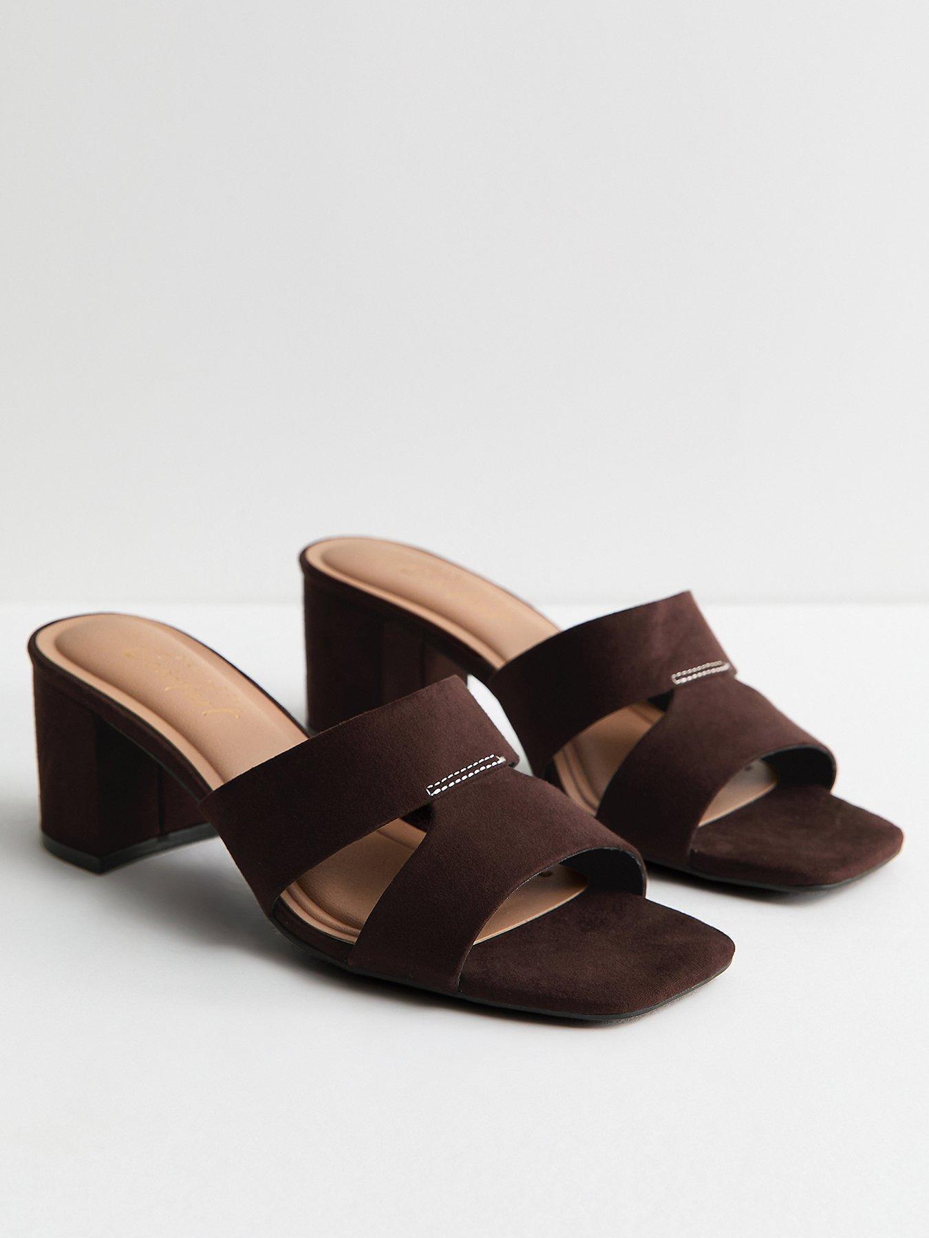 Image 3 of 5 of New Look Faux Suede Cut Out Strap Block Heel Mules - Dark Brown