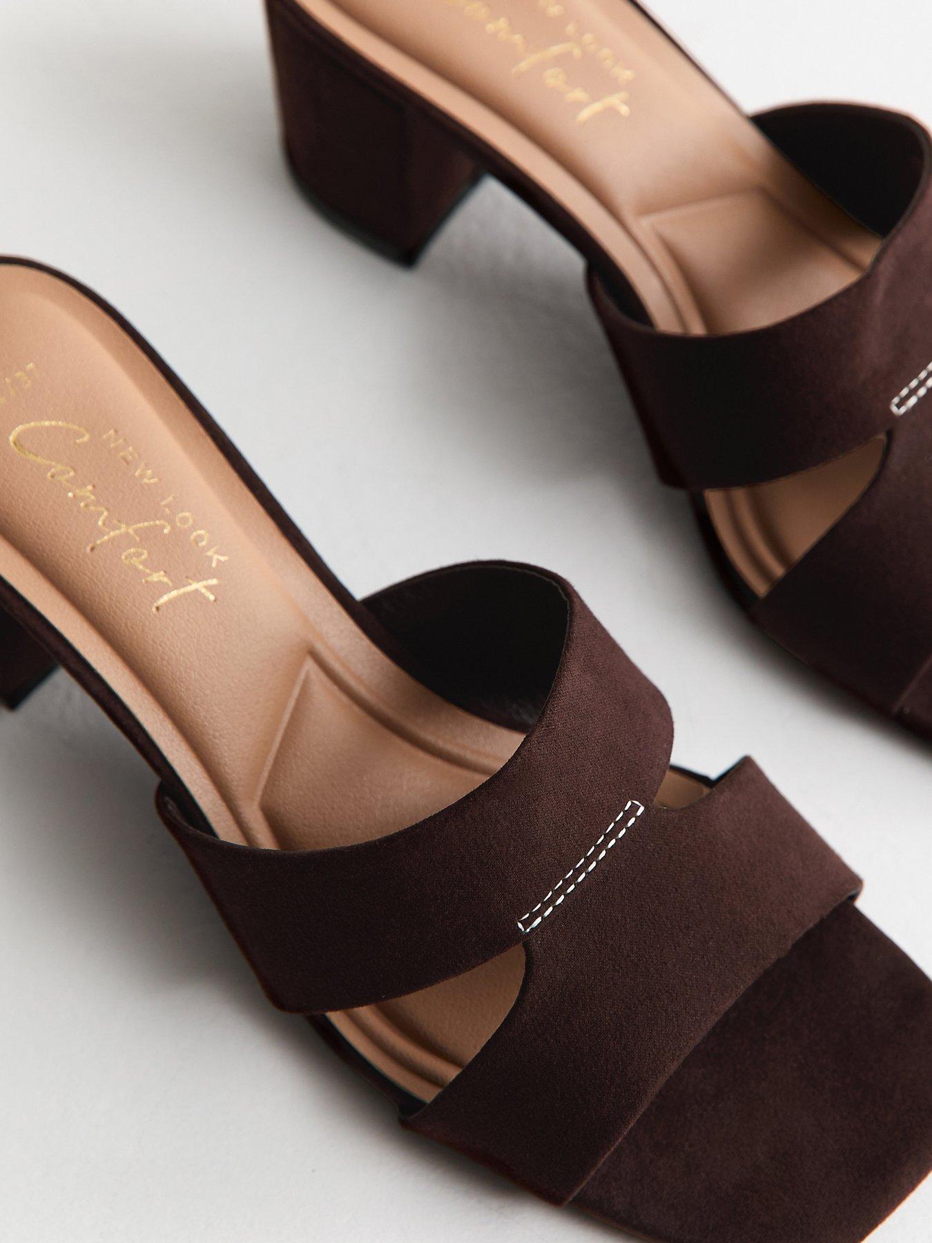 Image 5 of 5 of New Look Faux Suede Cut Out Strap Block Heel Mules - Dark Brown