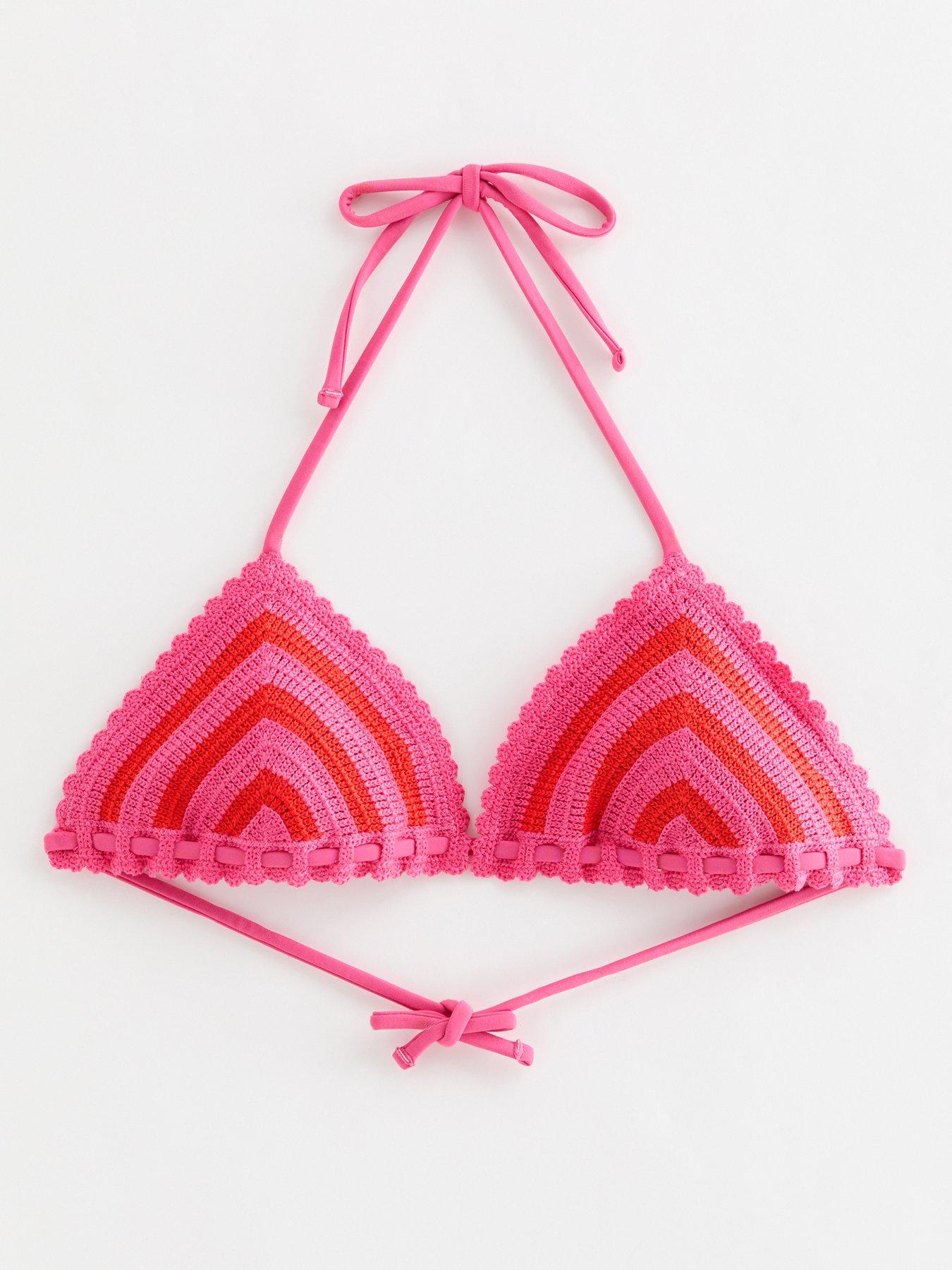 Image 5 of 6 of New Look Pink And Crochet Triangle Co-Ord Bikini Top - Orange