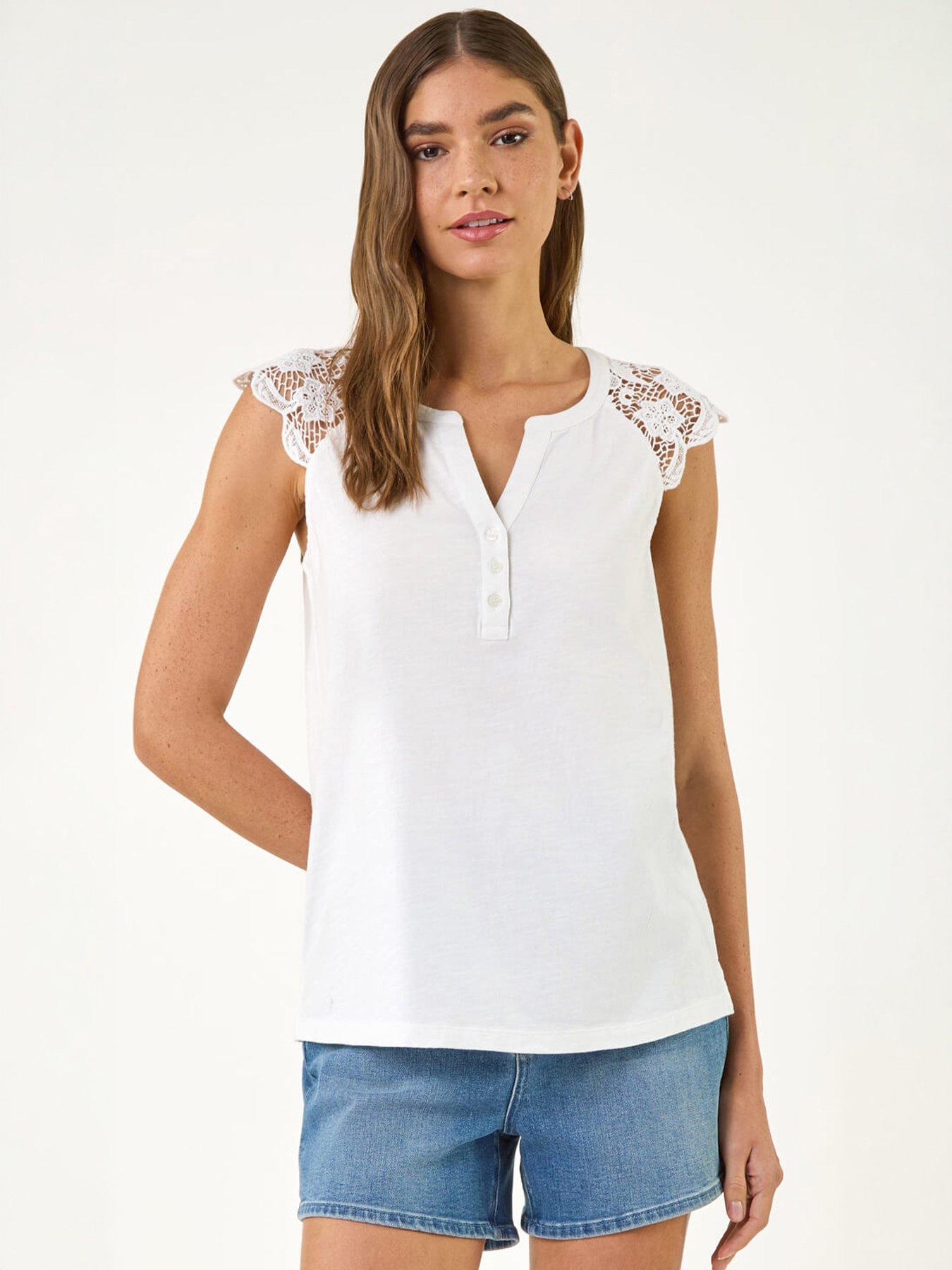 Roman Lace Shoulder Vest Top, White, Size 18, Women