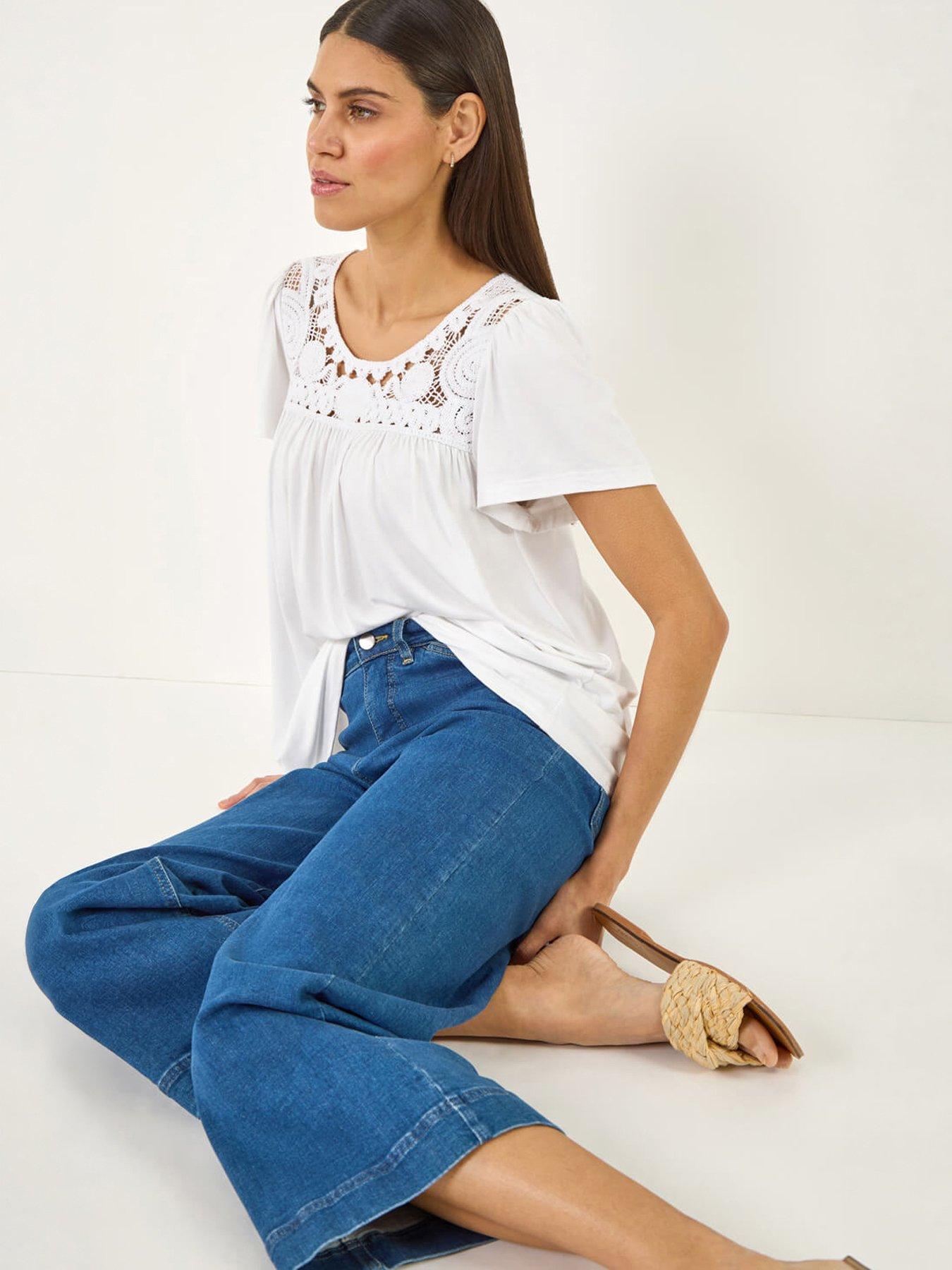 Roman Crochet Panel Stretch Top, Cream, Size 12, Women