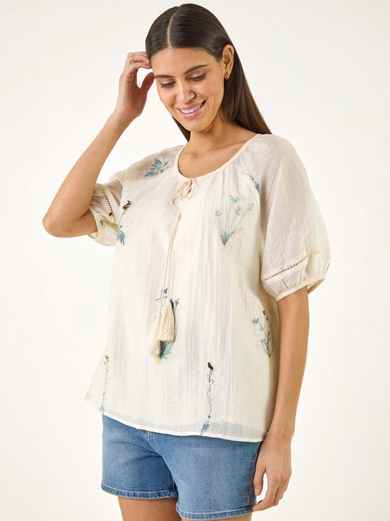 Roman Botanical Embroidery Keyhole Top