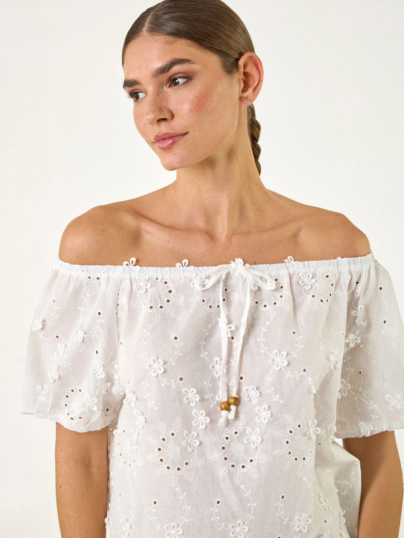 Roman Floral Embroidered Bardot Top