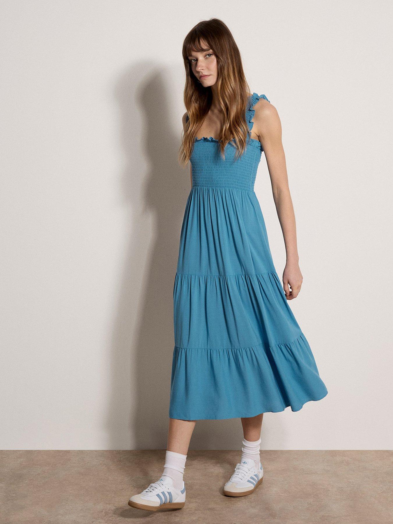 Image 1 of 4 of Apricot Slub Visc Smock Tiered Midi Dress