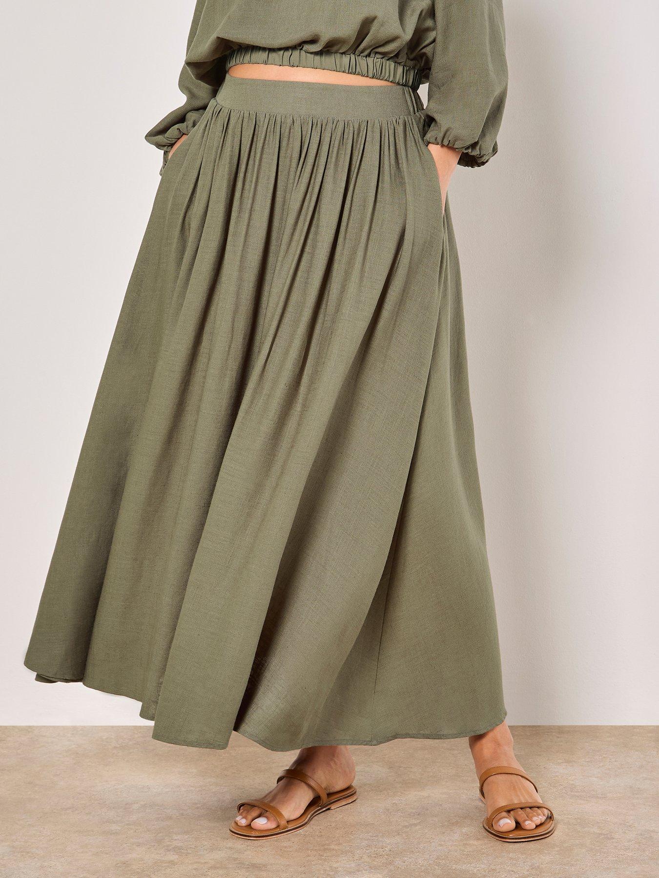 Apricot Linen Pleated Full Midi Skirt