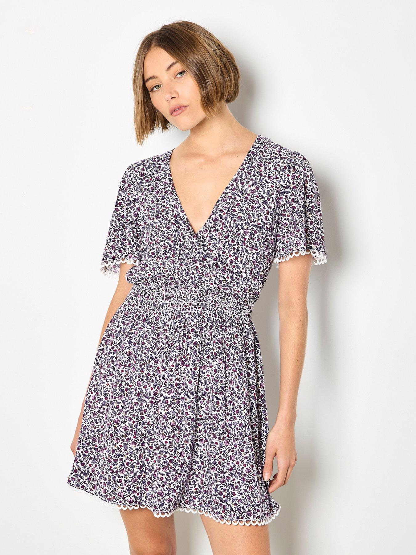 Apricot Double Layered Lace Trim Dress In Graphic Fold Ditsy Print, Purple, Size Xl, Women