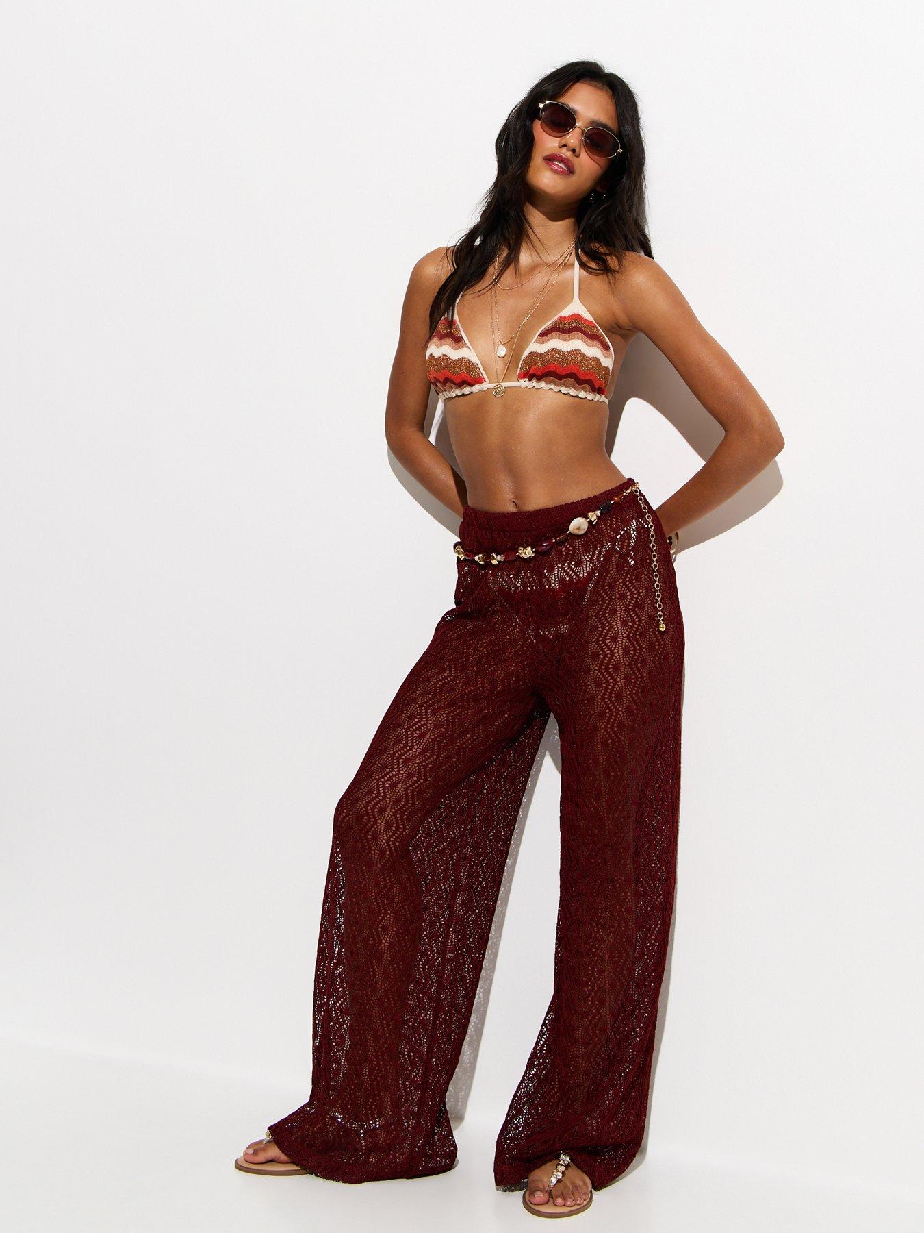 Image 3 of 6 of New Look Wavy Crochet Triangle Co-Ord Bikini Top - Brown