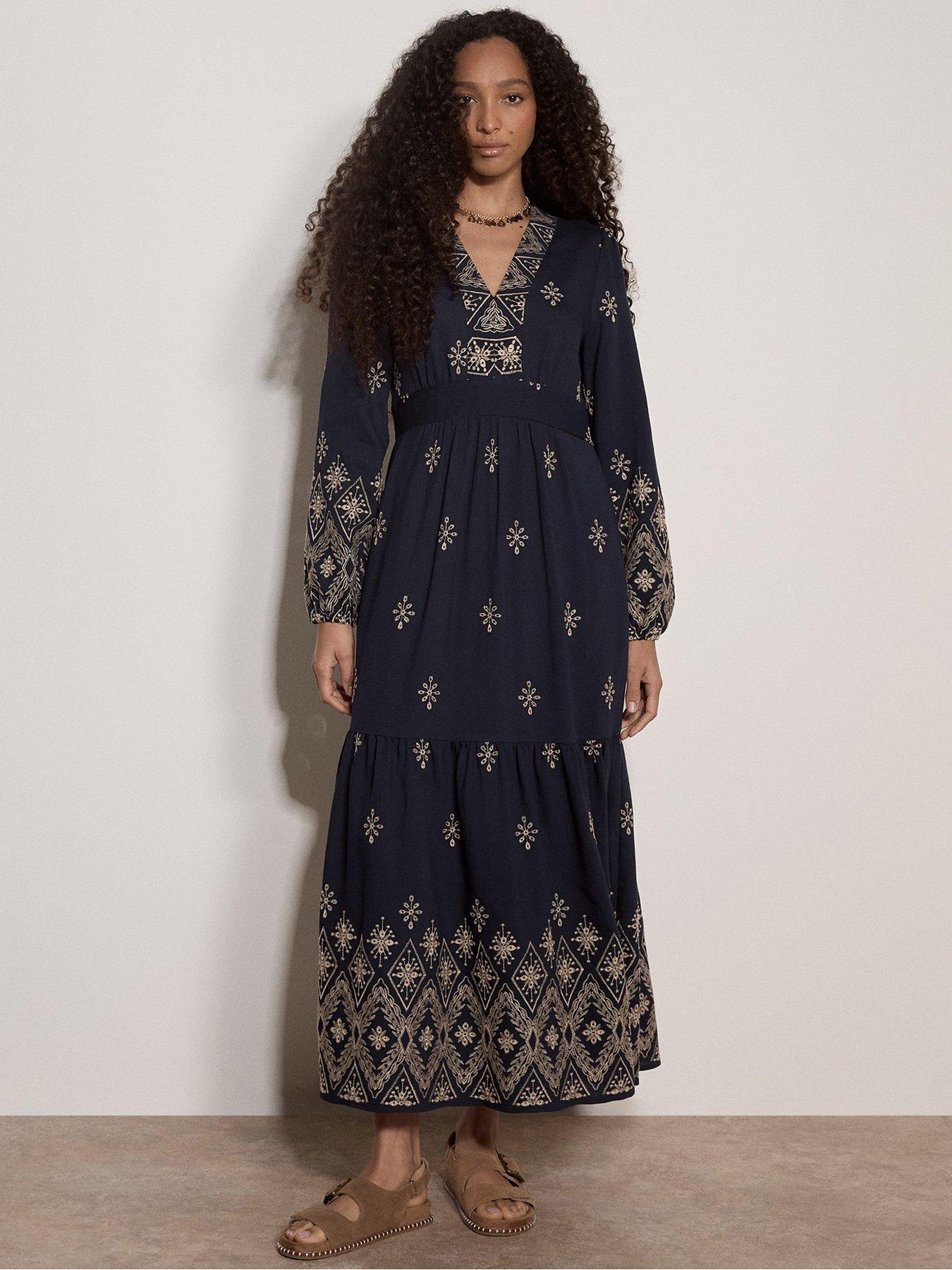 Image 1 of 4 of Apricot Ikat Lurex Chiffon Babydoll Tiered Ruffle Neck Dress