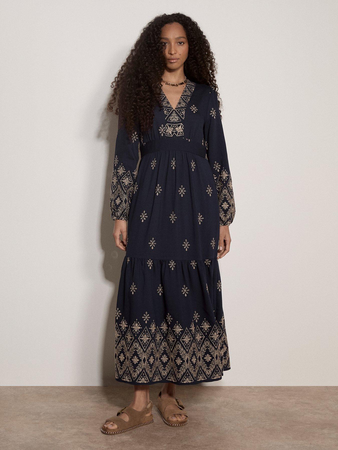 Apricot V Neck Boho Embroidered Maxi Dress