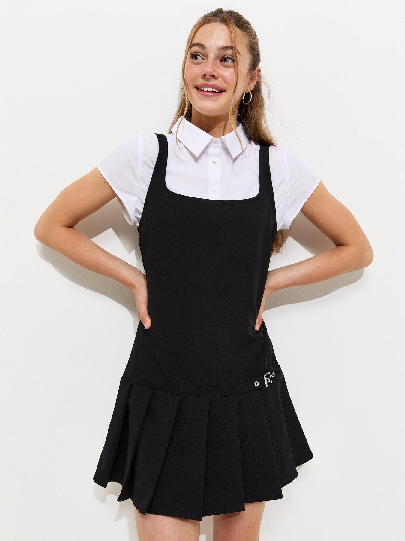 New Look 915 Girls Belted Drop waist Pleated School Dress - Black