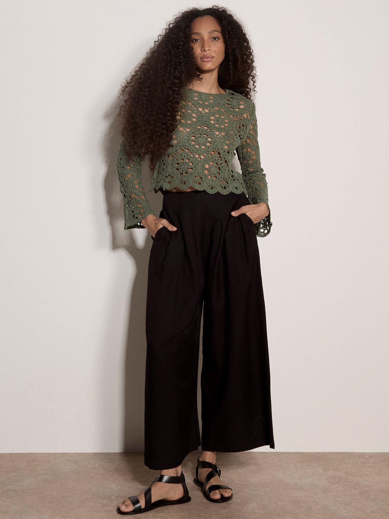 Apricot Apricot Floral Tape Yarn Crochet Scallop Edge Bell Sleeve Top