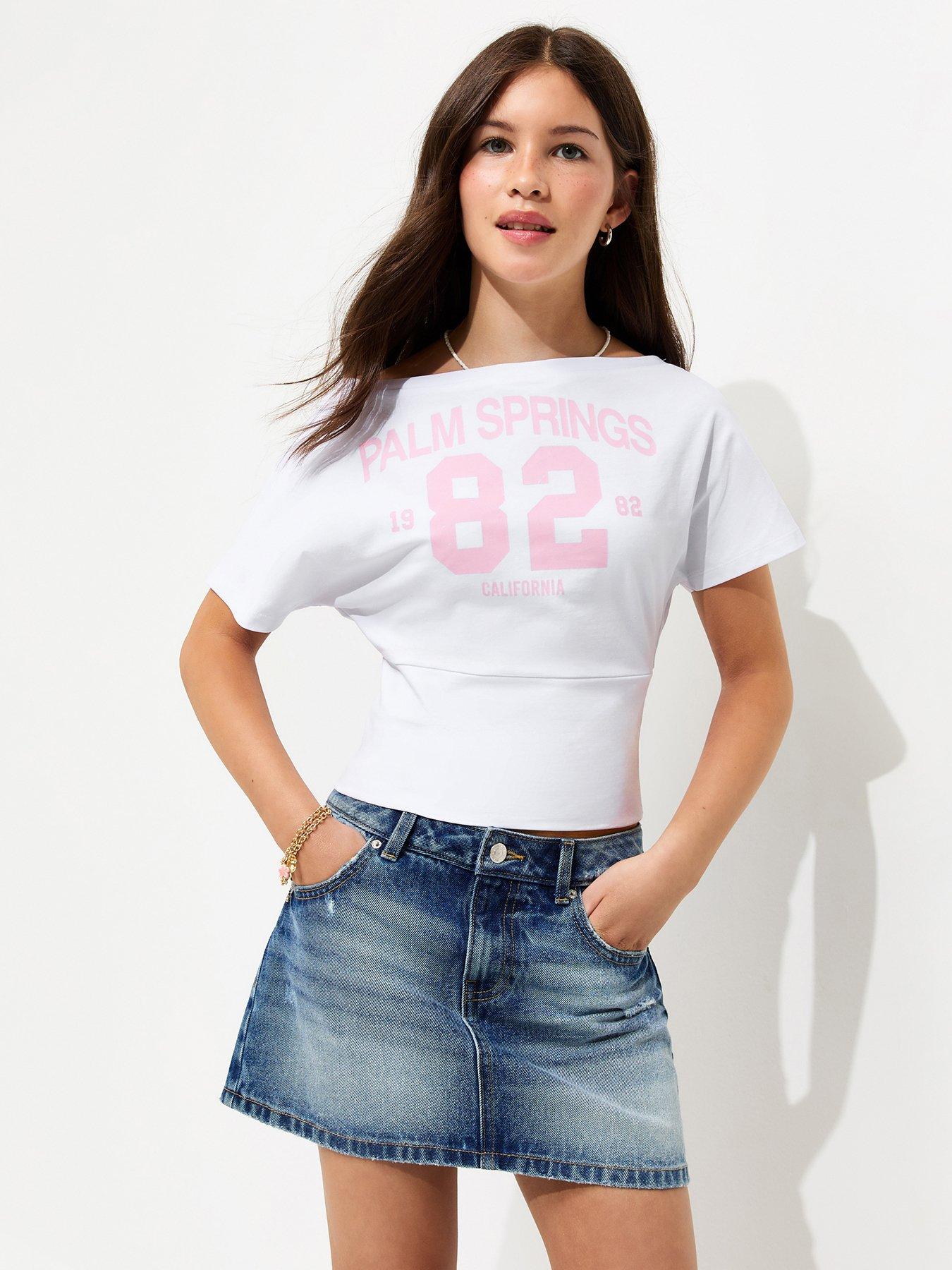 Image 1 of 5 of New Look 915 Girls Cotton Rich Palm Springs Slash Neck T-Shirt - White