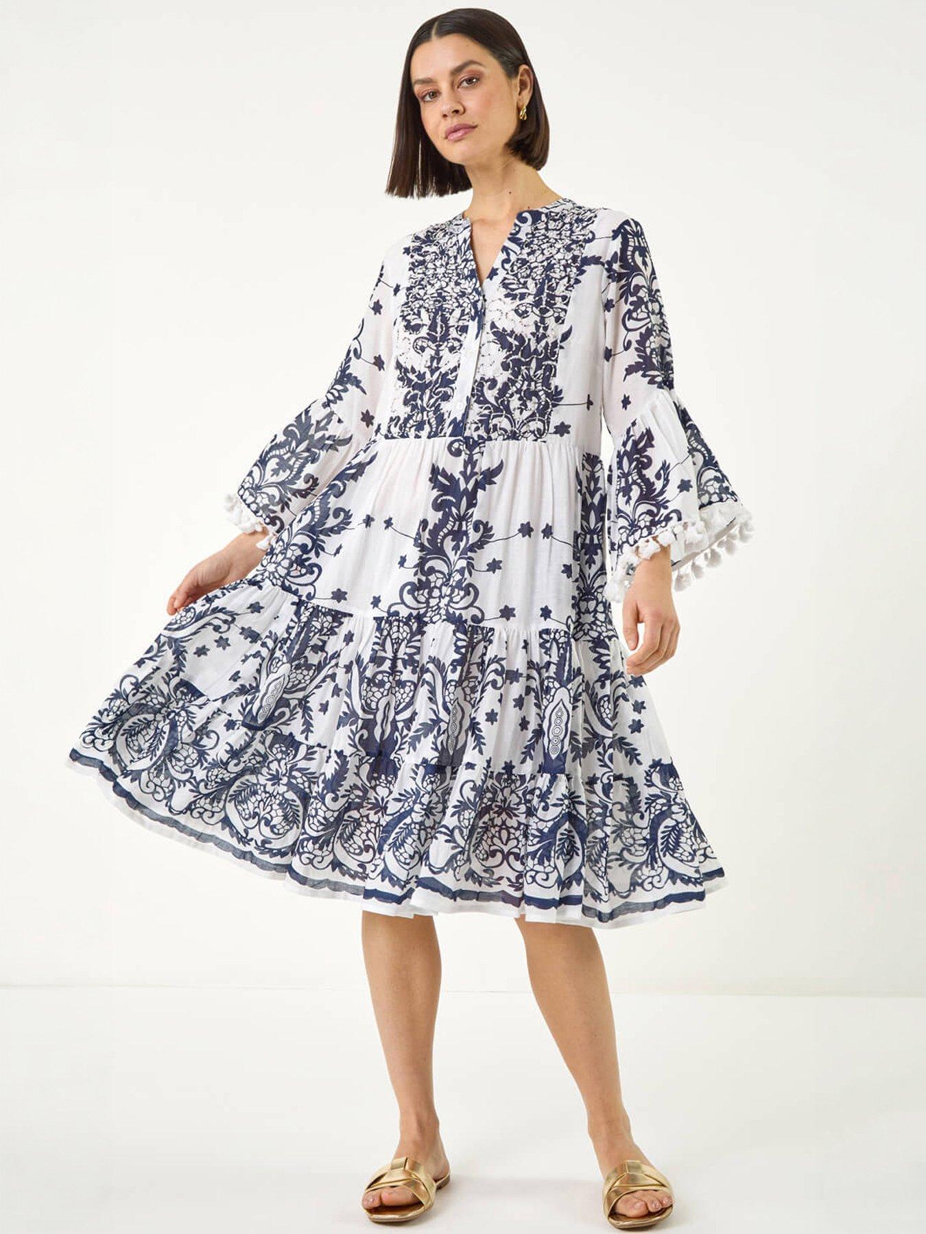 Roman Beaded Tassel Trim Smock Dress