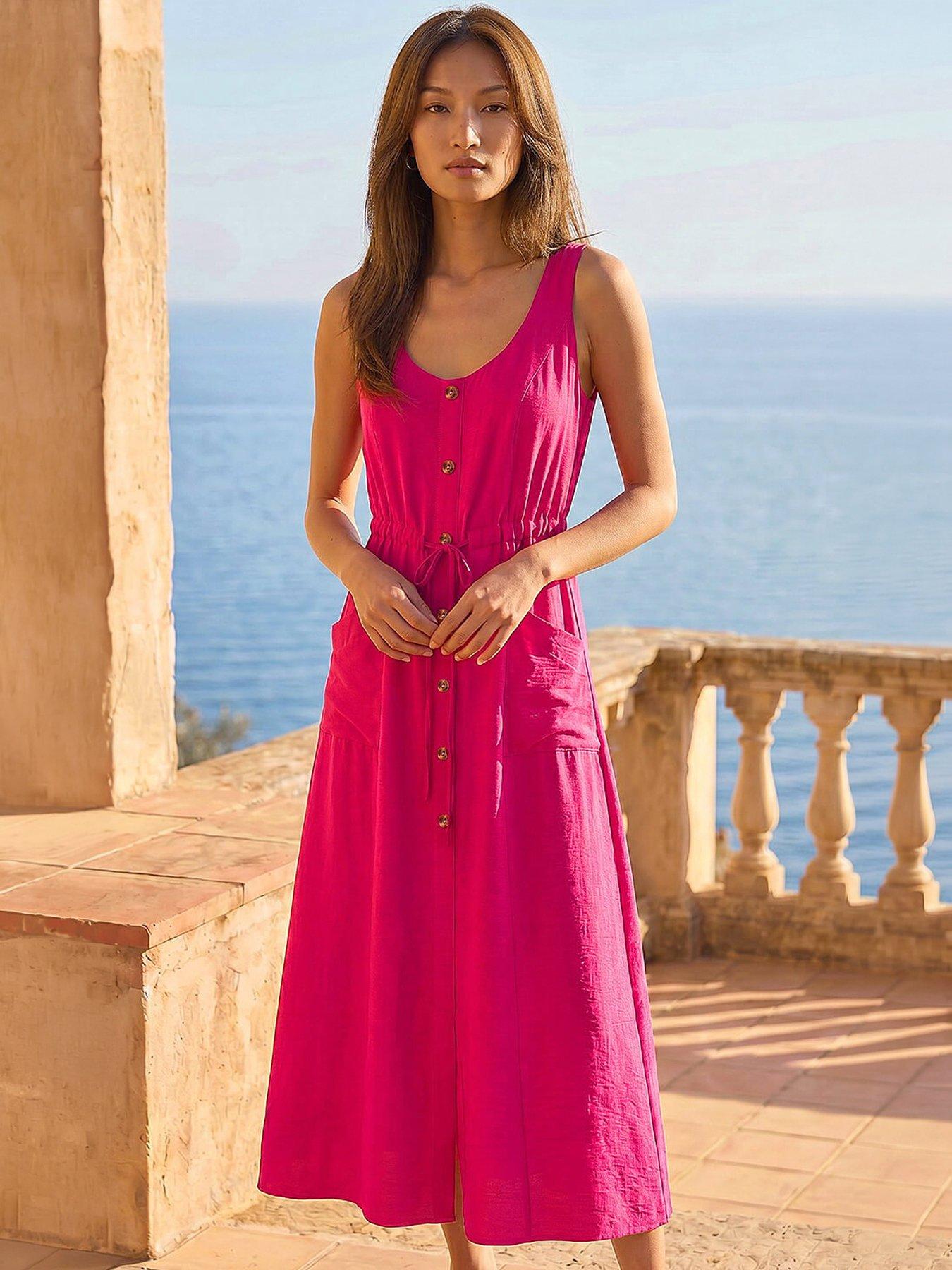 Roman Buttoned Tie Waist Midi Dress, Pink, Size 14, Women