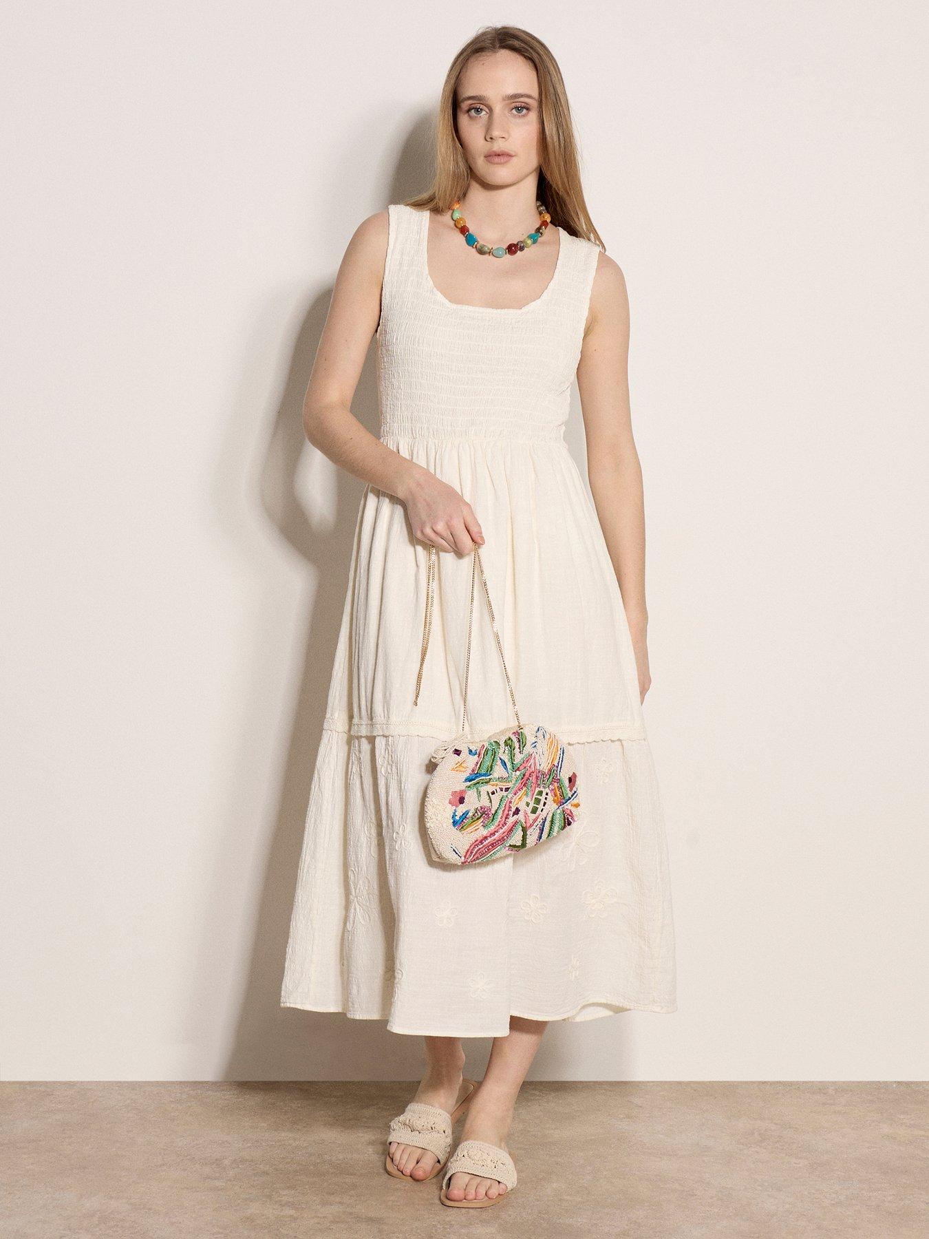 Apricot Apricot Smocked Detail Tetra  Cotton 3d Flower Hem Dress