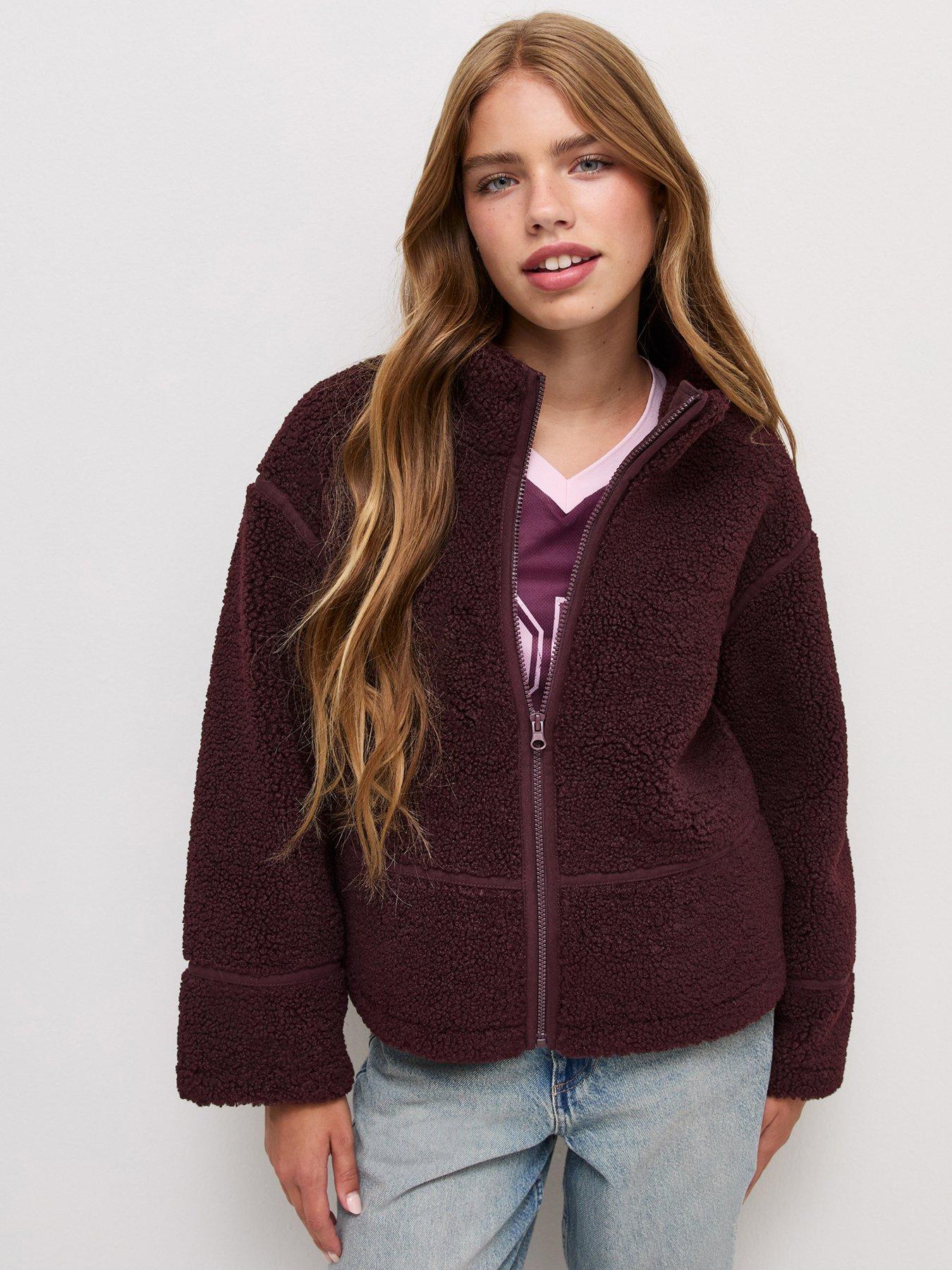 Image 1 of 5 of New Look 915 Girls Borg Texture Oversized Zip-Through Jacket - Dark Red