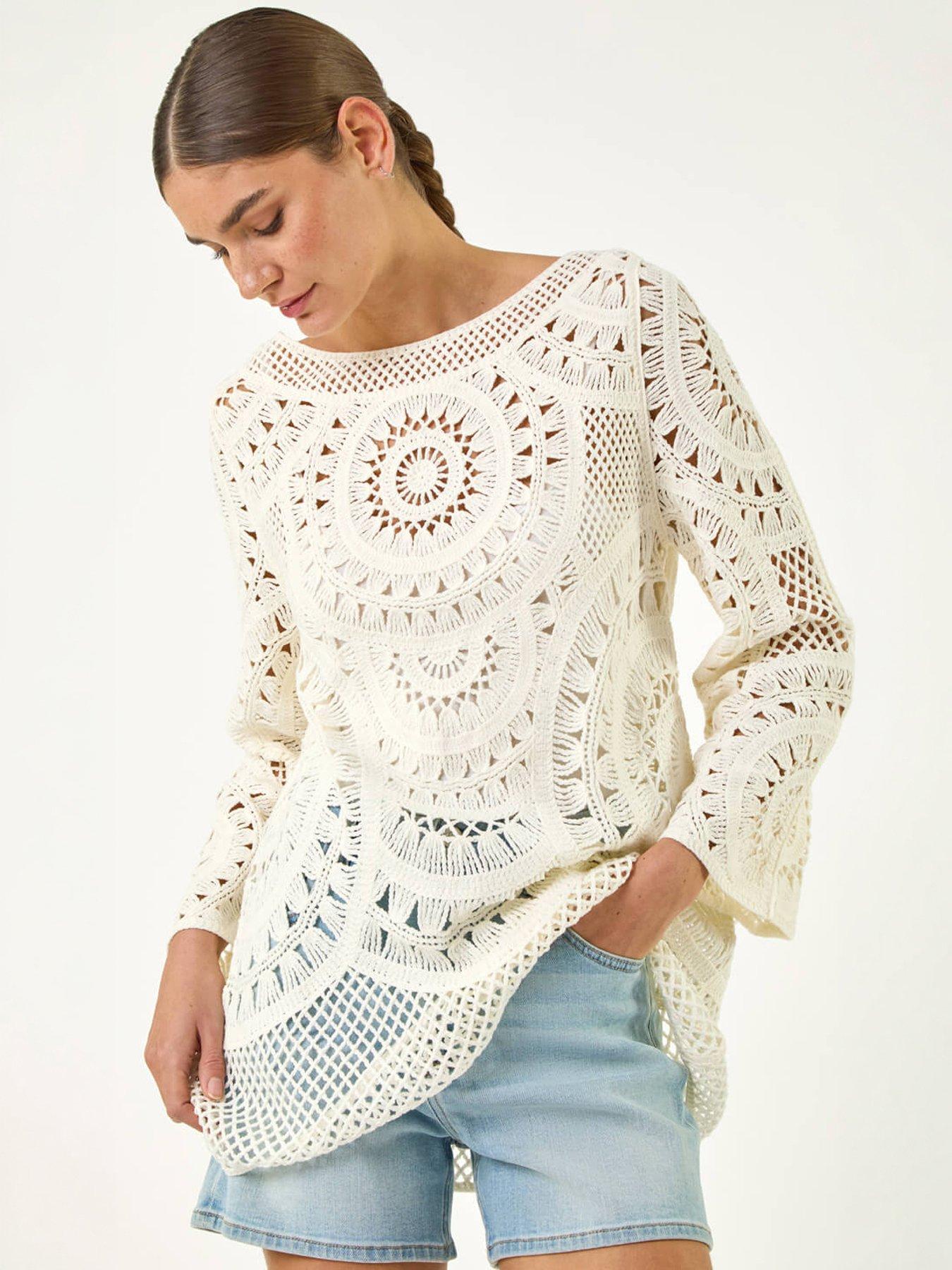 Roman Longline Crochet Knit Tunic, Cream, Size M, Women