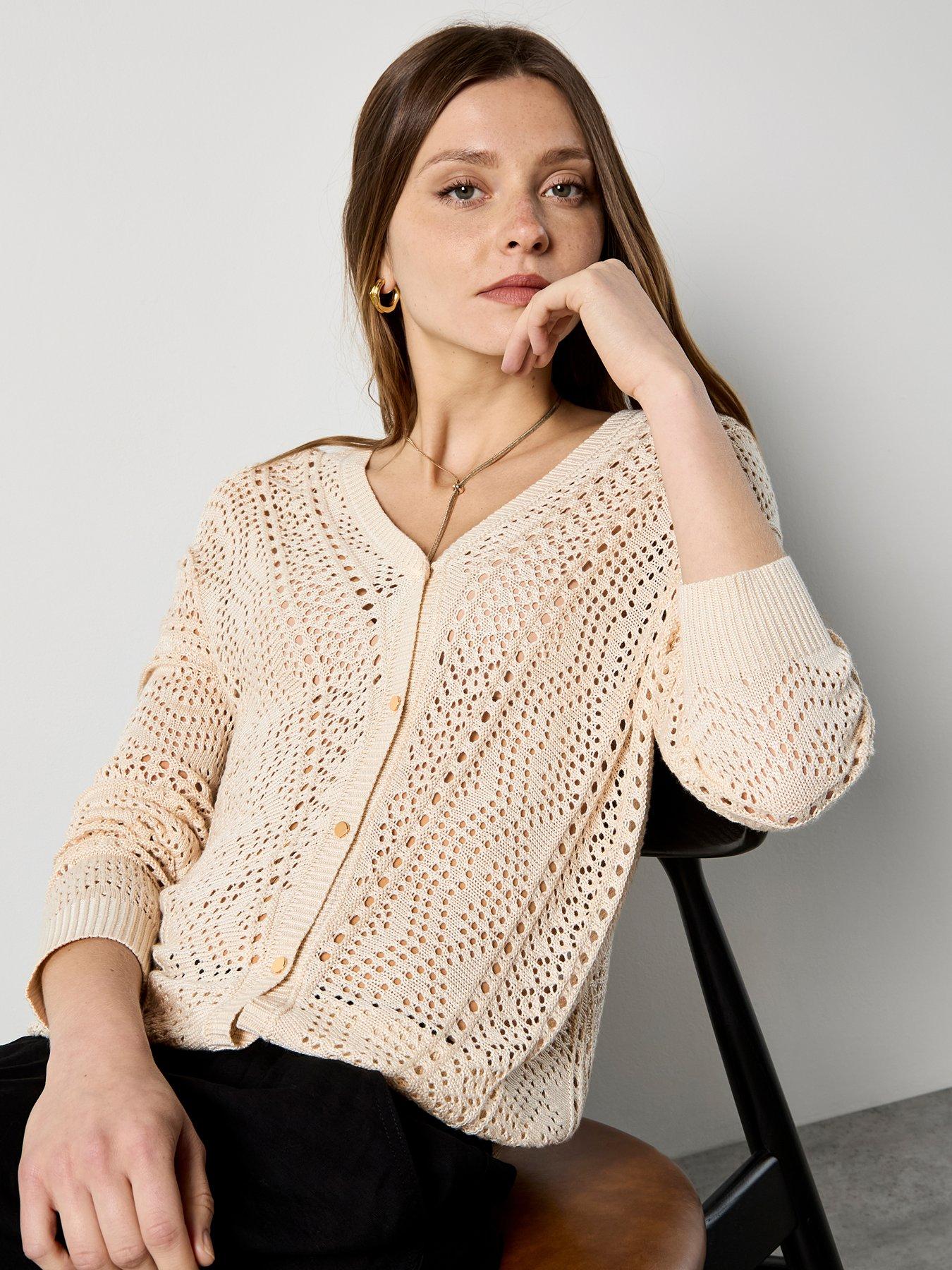 Apricot Chevron Pointelle Cardigan, Cream, Size Xs, Women