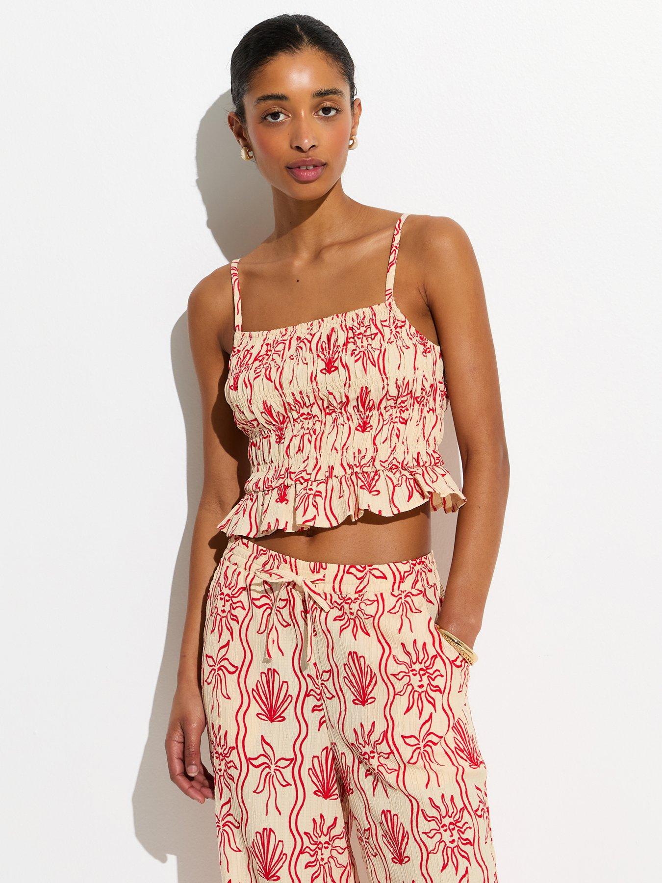 Image 1 of 6 of New Look Red Sun Print Shirred Cami Beach Top