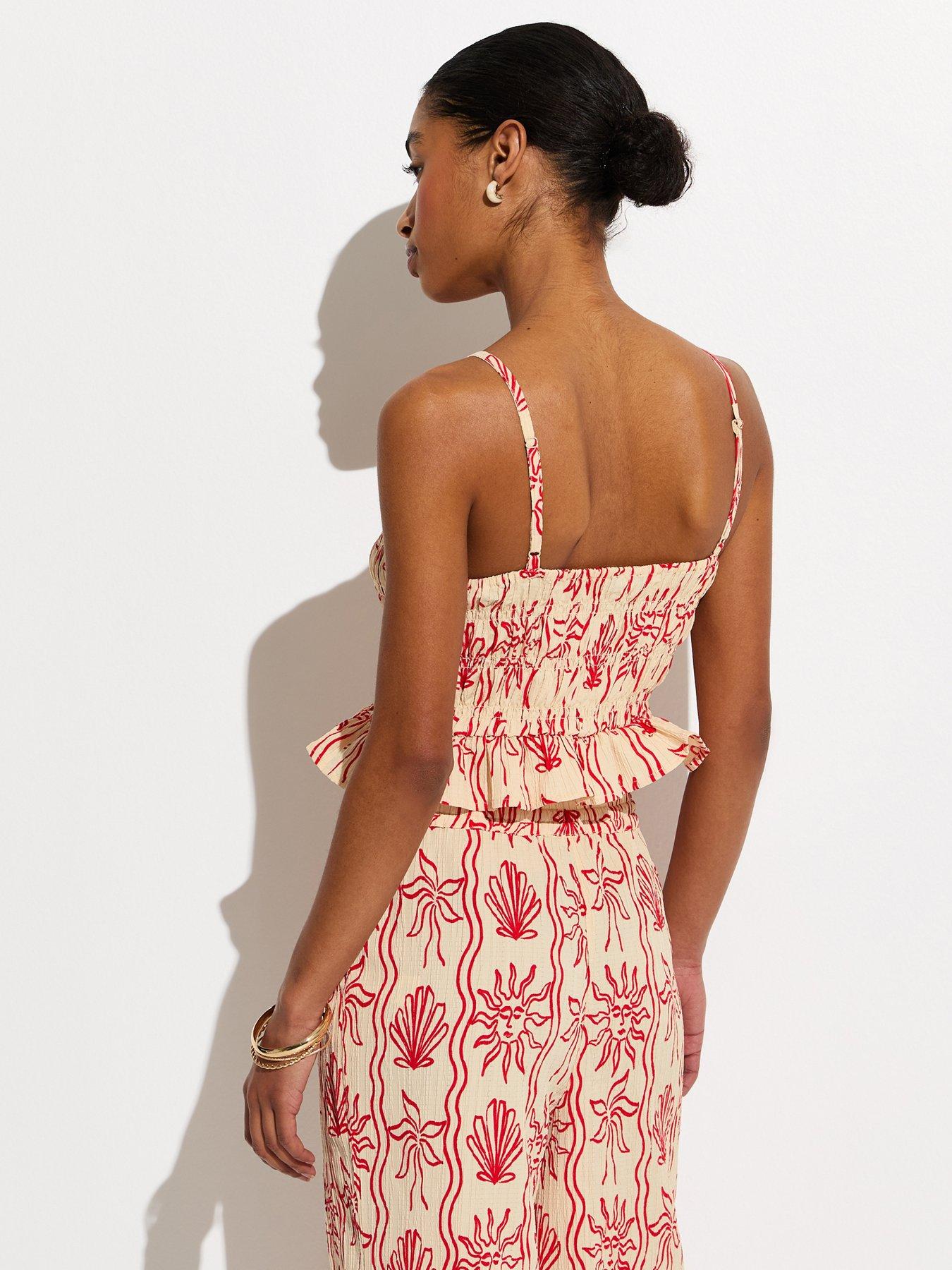 Image 2 of 6 of New Look Red Sun Print Shirred Cami Beach Top