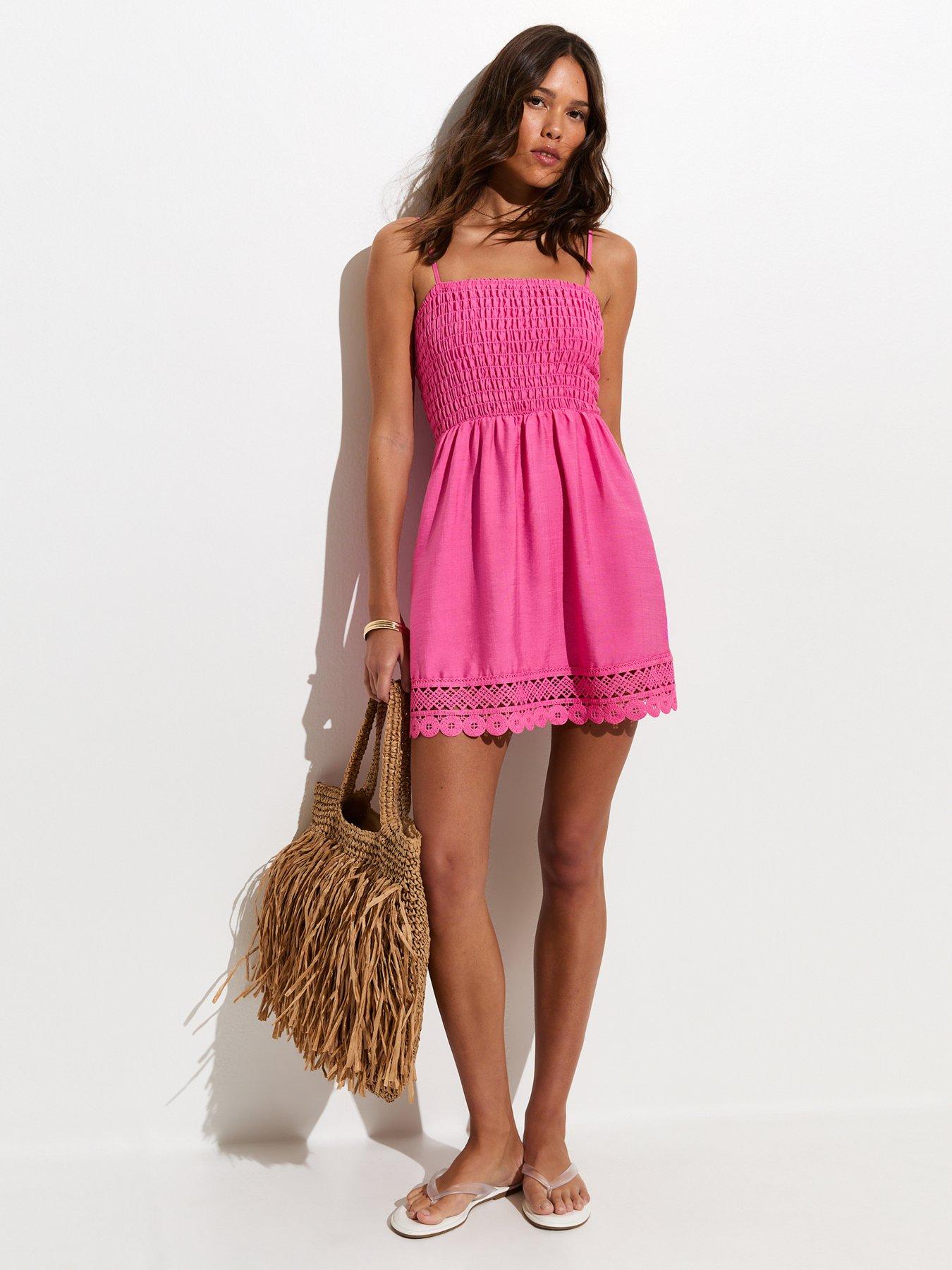 New Look Bright Pink Lace Trim Shirred Mini Dress | Very