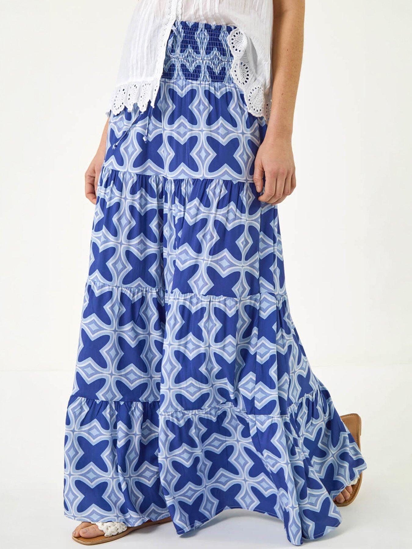 Roman Women's Navy Tile Print Shirred Maxi Skirt In | : Size 14 - Image 2