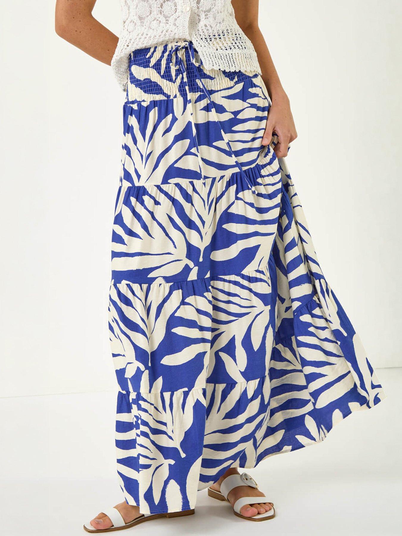 Roman Mono Print Shirred Maxi Skirt, Blue, Size 18, Women
