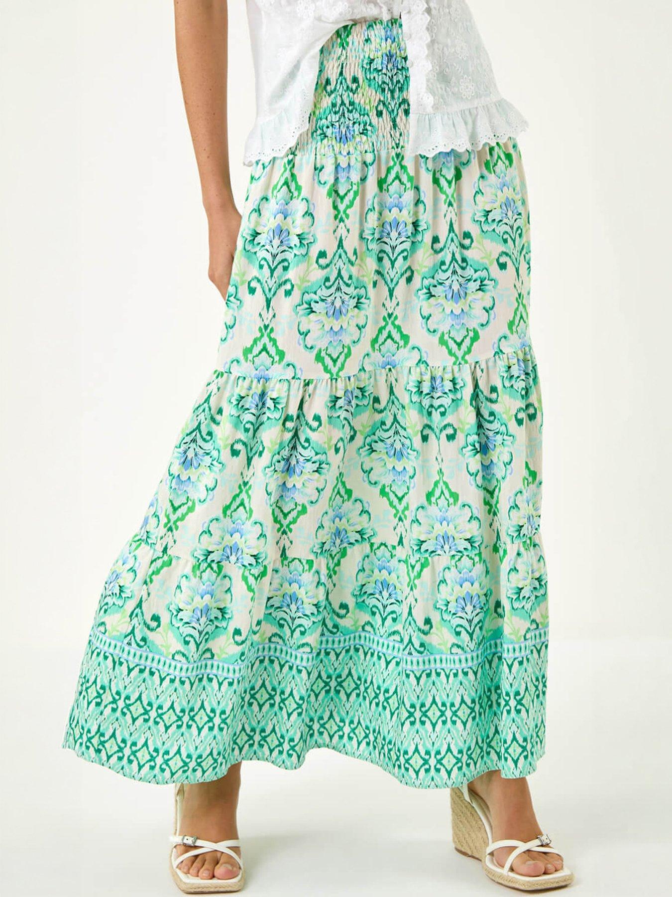 Roman Paisley Print Tiered Maxi Skirt, Green, Size 18, Women