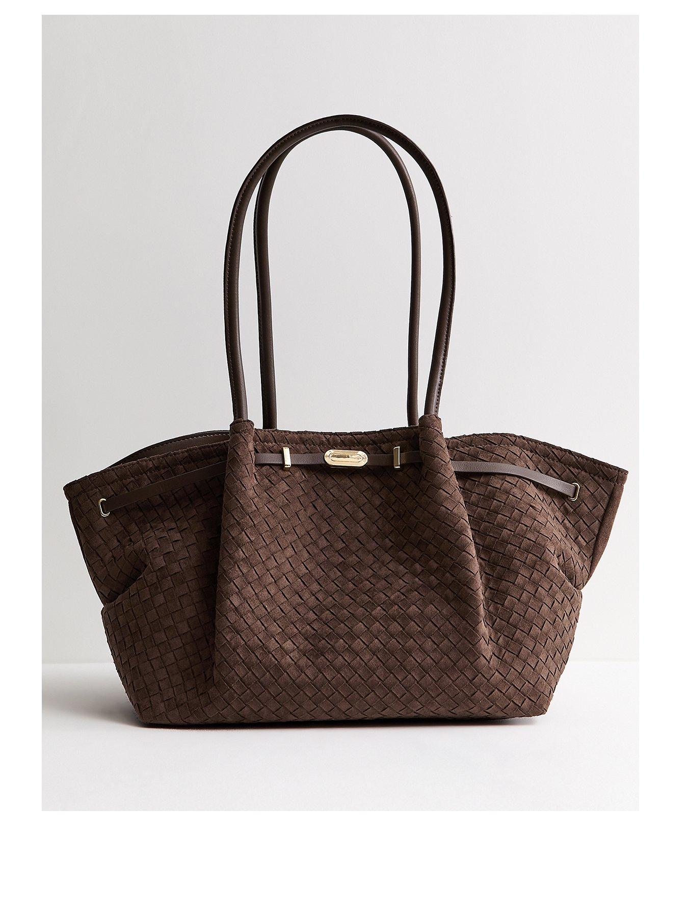 New Look Dark Brown Faux Suede Woven Winged Tote Bag
