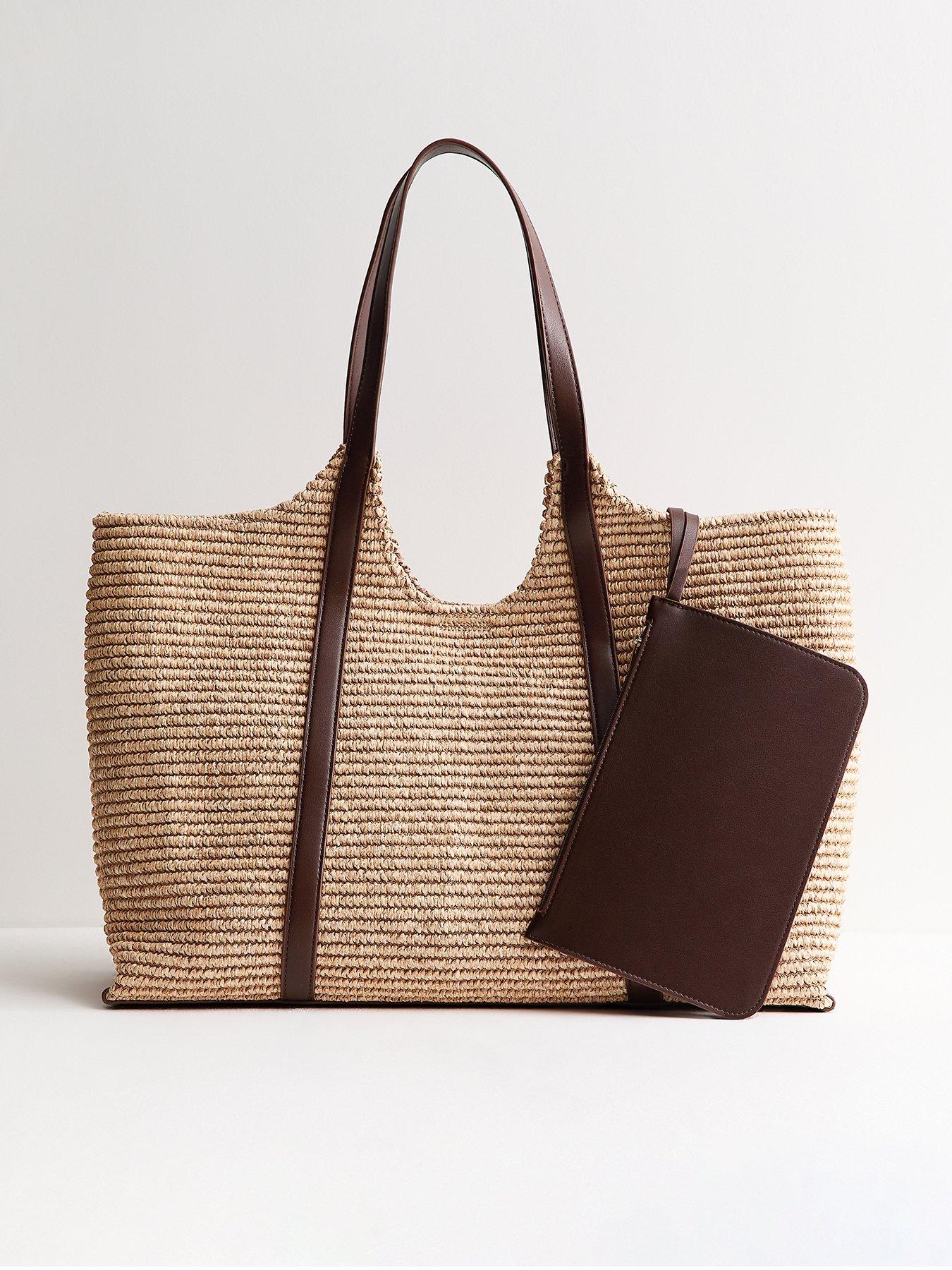 New Look Stone Woven Hobo Tote Bag With Zip Pouch - Stone