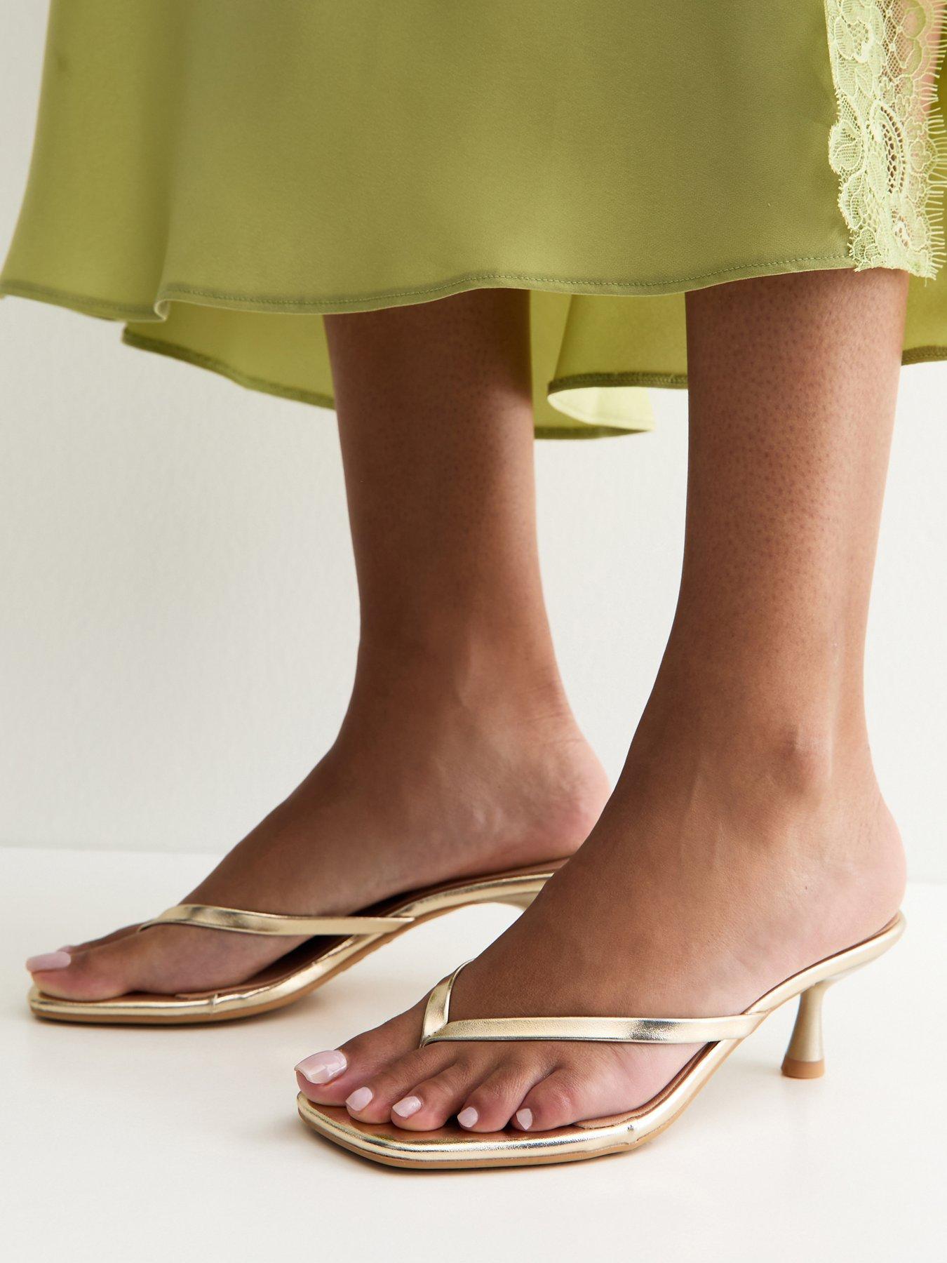 Image 1 of 5 of New Look Gold Faux Leather Toe Post Mule Sandals