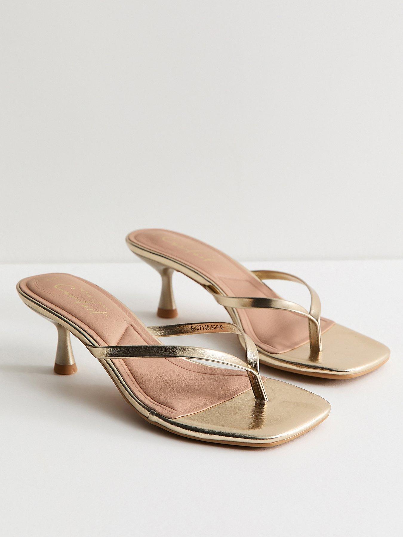 Image 3 of 5 of New Look Gold Faux Leather Toe Post Mule Sandals