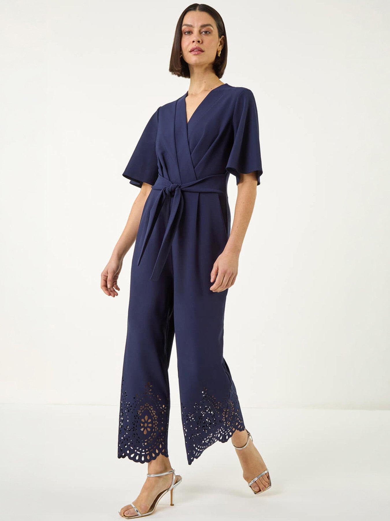 Roman Laser Cut Hem Wrap Front Jumpsuit