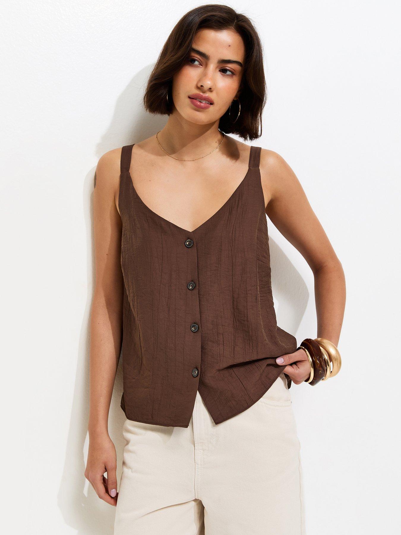 Image 1 of 5 of New Look Button Front V-Neck Cami Top - Dark Brown