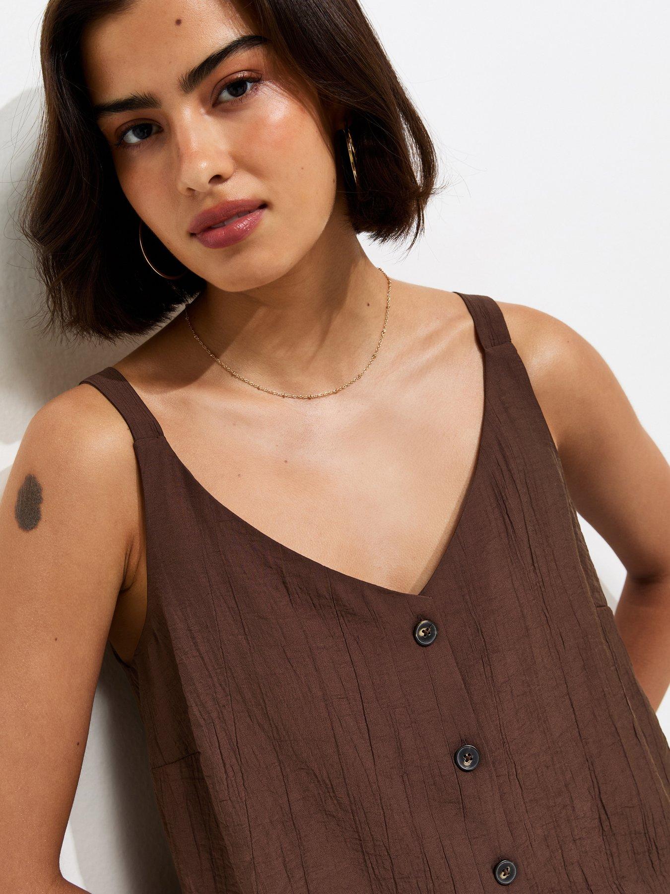 Image 4 of 5 of New Look Button Front V-Neck Cami Top - Dark Brown