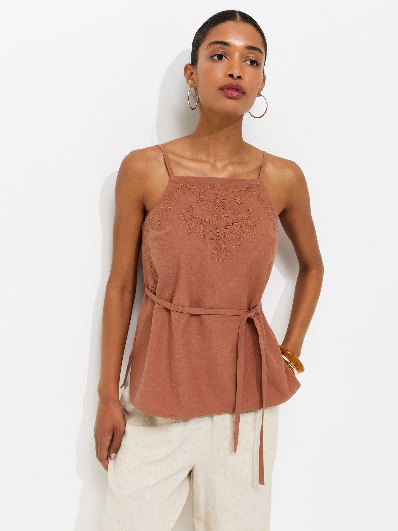 New Look Dark Brown Cotton Rich Embroidered Belted Long Cami Top