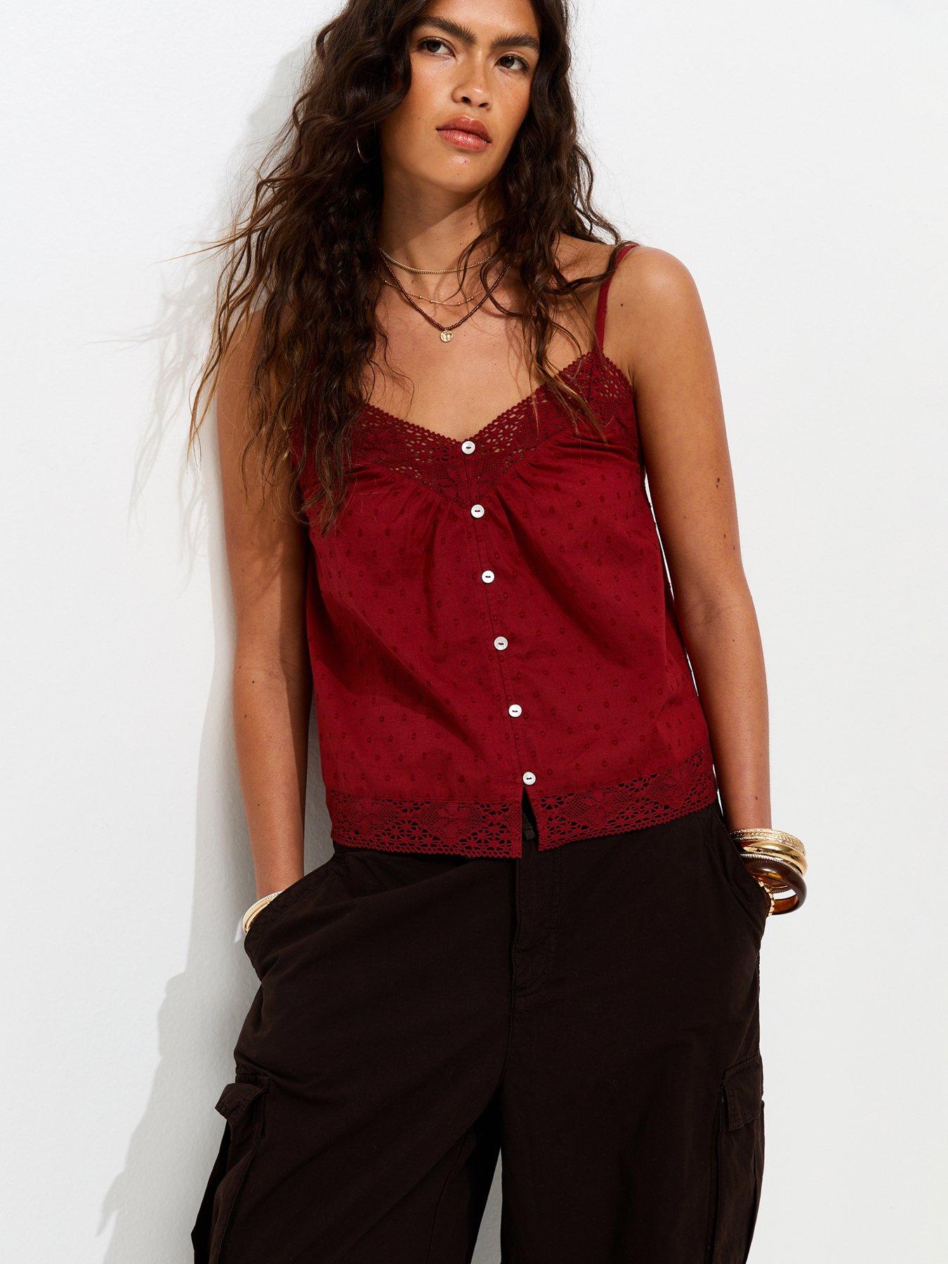 New Look Dobby Texture Lace Trim Cami Top - Rust