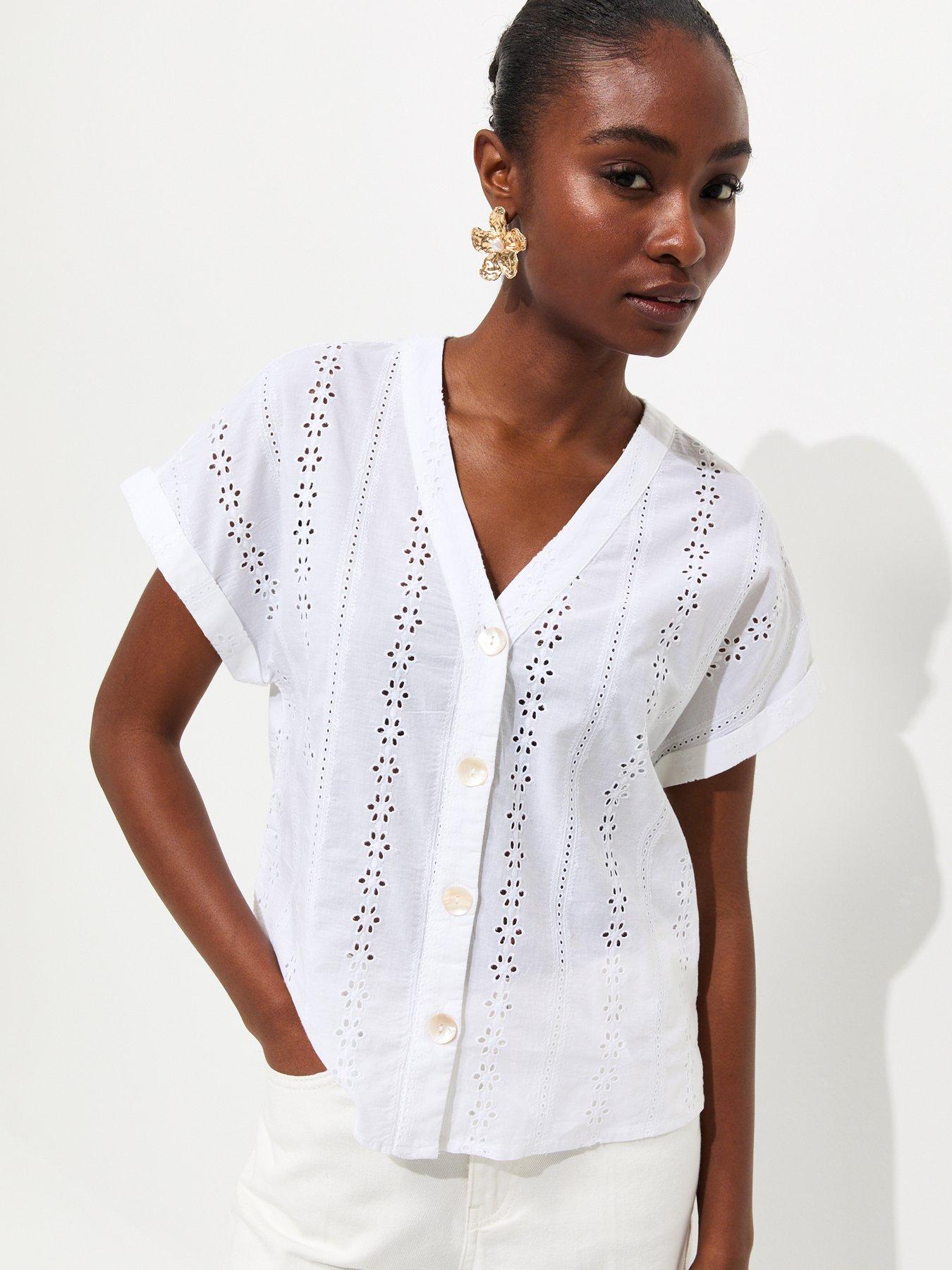 Image 1 of 5 of New Look Cotton Broderie Anglaise Button Through Top - White