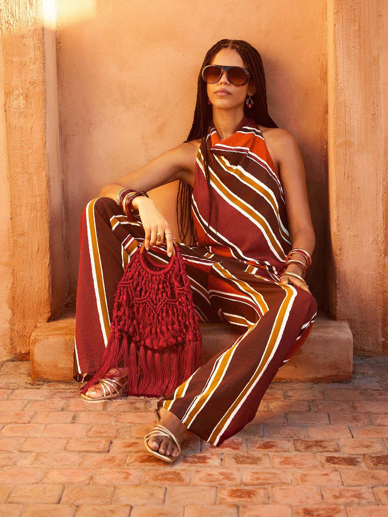 Image 1 of 6 of New Look Diagonal Stripe Cowl Neck Asymmetric Co-ord Top - Brown