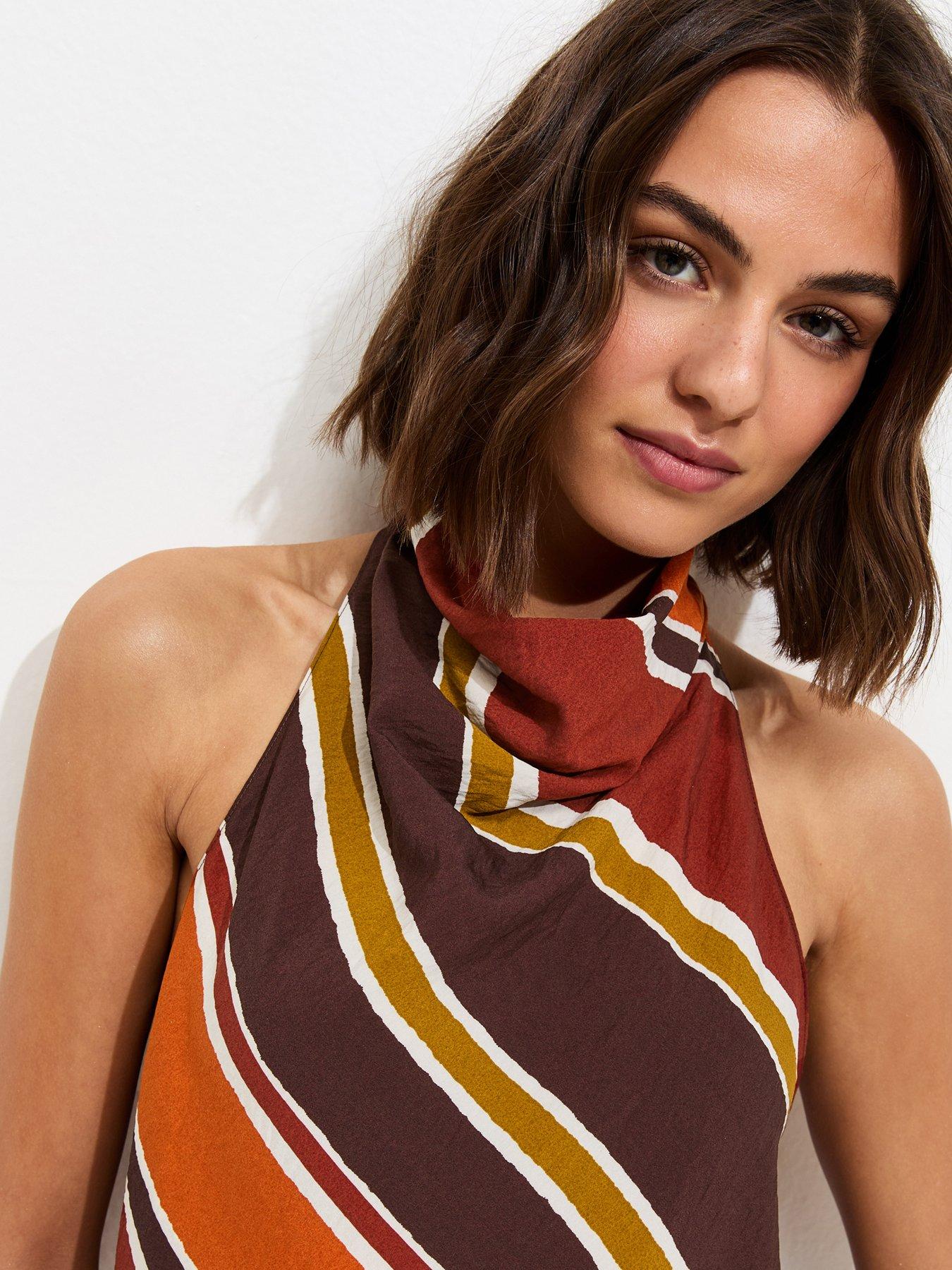 Image 4 of 6 of New Look Diagonal Stripe Cowl Neck Asymmetric Co-ord Top - Brown