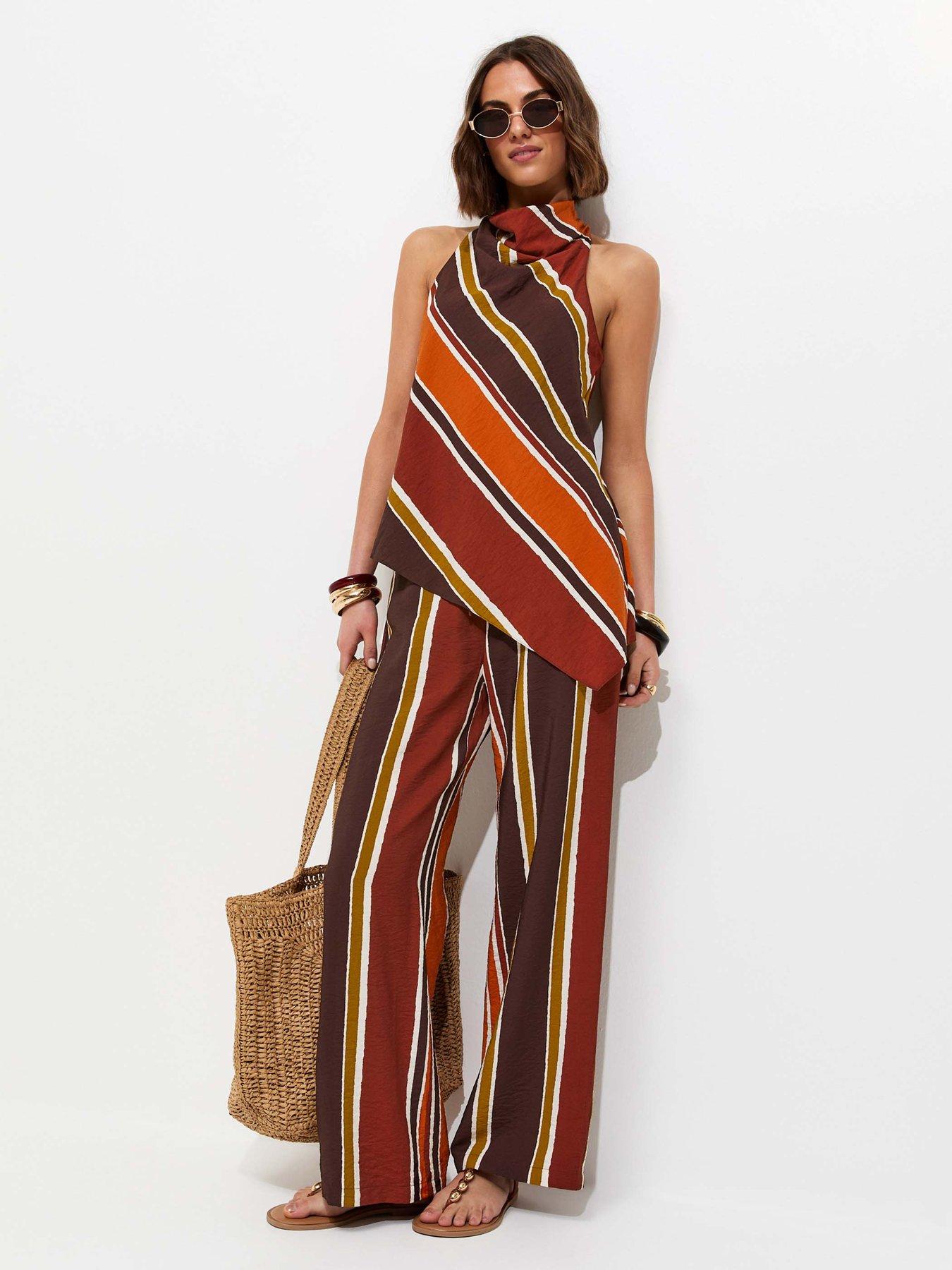 Image 6 of 6 of New Look Diagonal Stripe Cowl Neck Asymmetric Co-ord Top - Brown